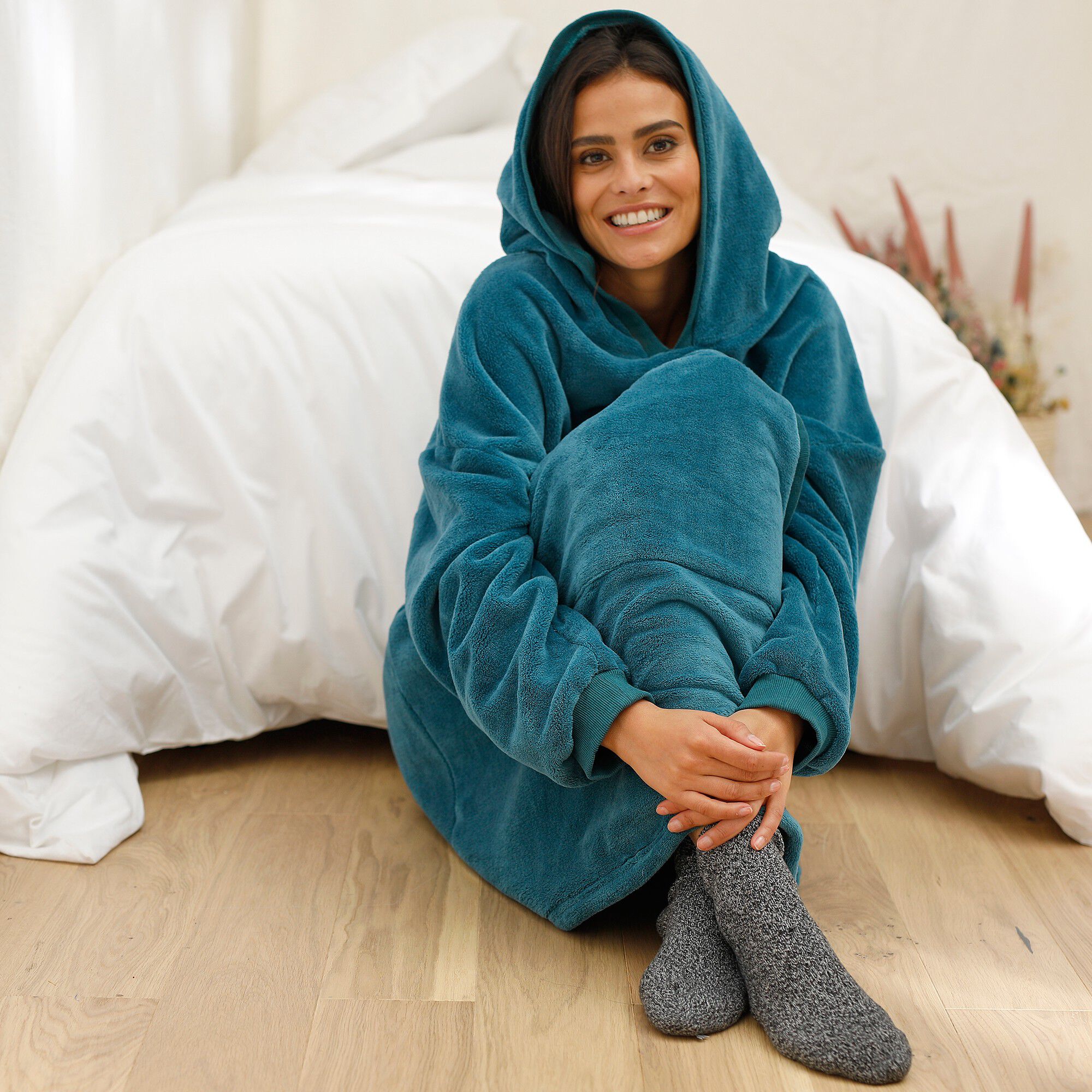 Sweat oversize unisexe, polaire peluche bleue