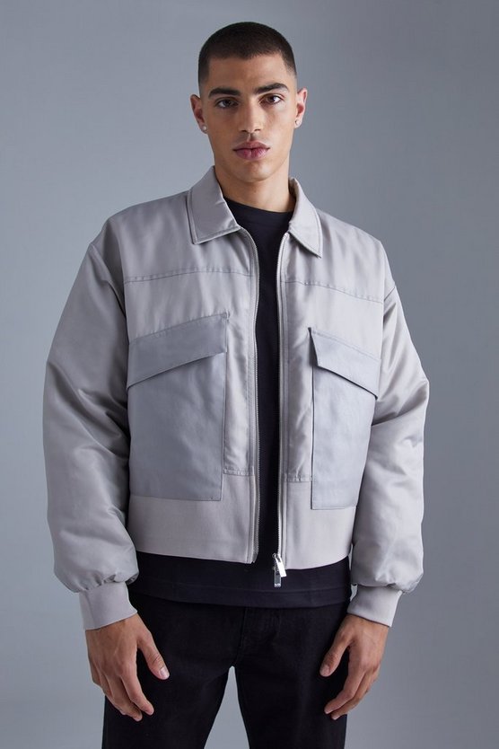 Kastige Bomberjacke aus PU & Nylon mit Kragen