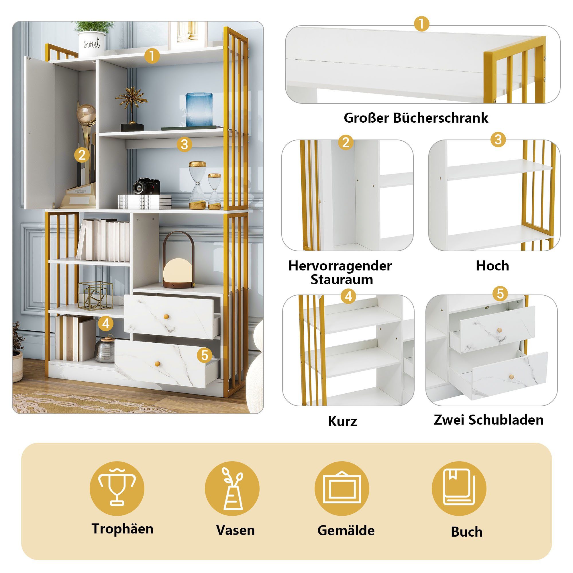 OKWISH Bücherregal 6 Regal Standregal, mit Türen und Schubladen, Boden bis zur Decke Bücherregal, industrielle Bücherregal, Stahlregal, 6 Regal