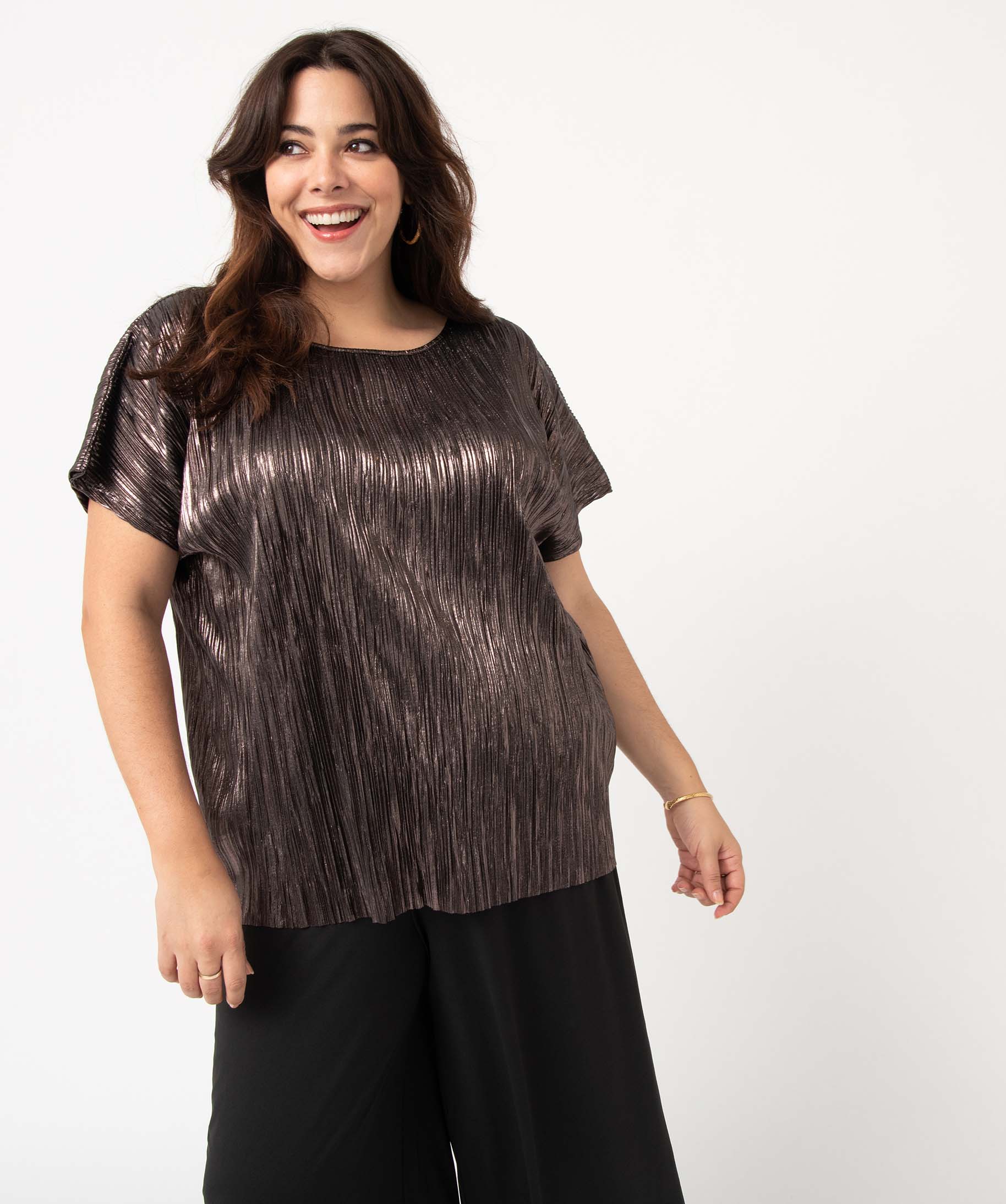 Tee-shirt femme grande taille loose en maille plissée scint... vert | GEMO