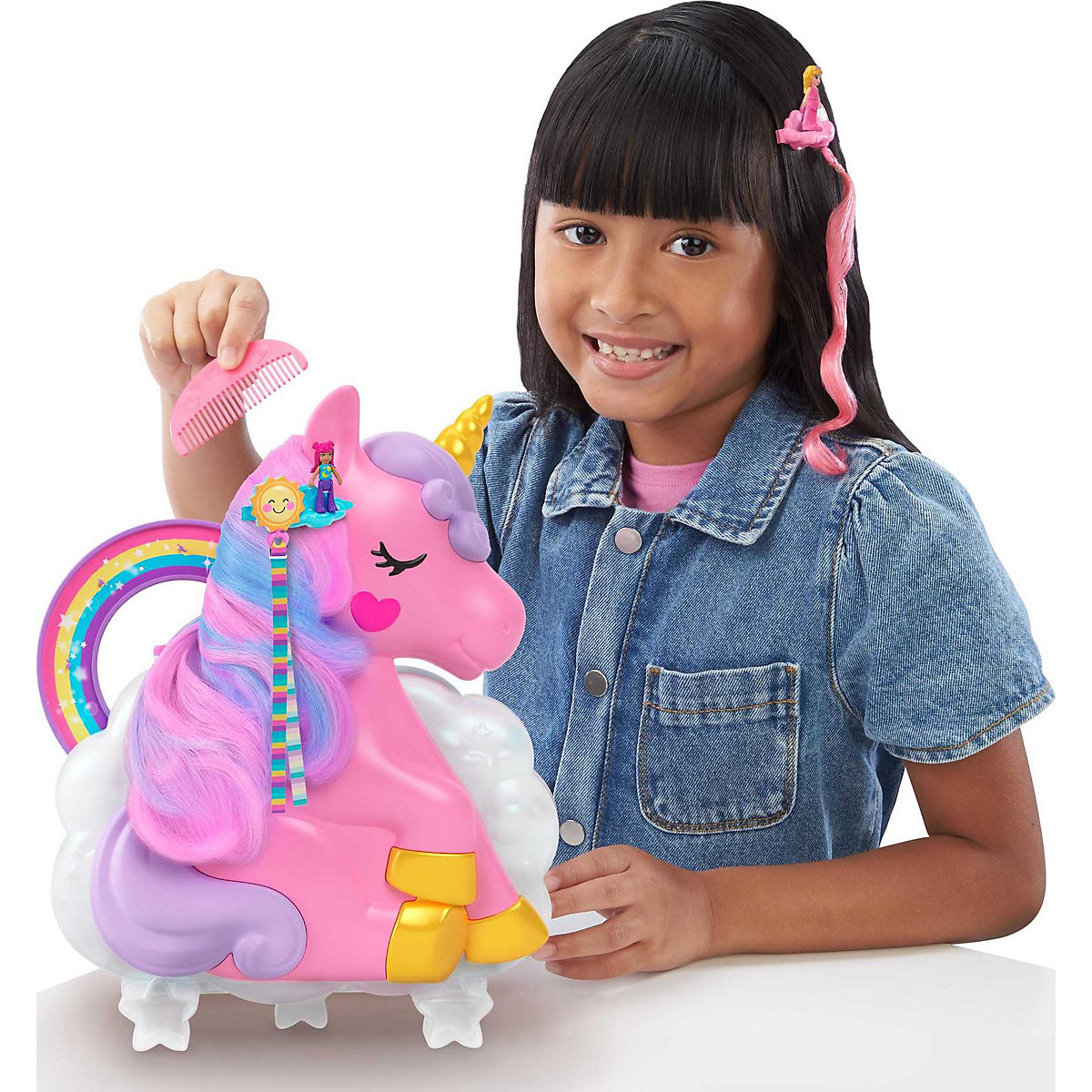 Polly Pocket Mini-Spielzeug, Regenbogen-Einhorn-Salon-Spielset mit 2 Puppen und über 20 Zubehörteilen