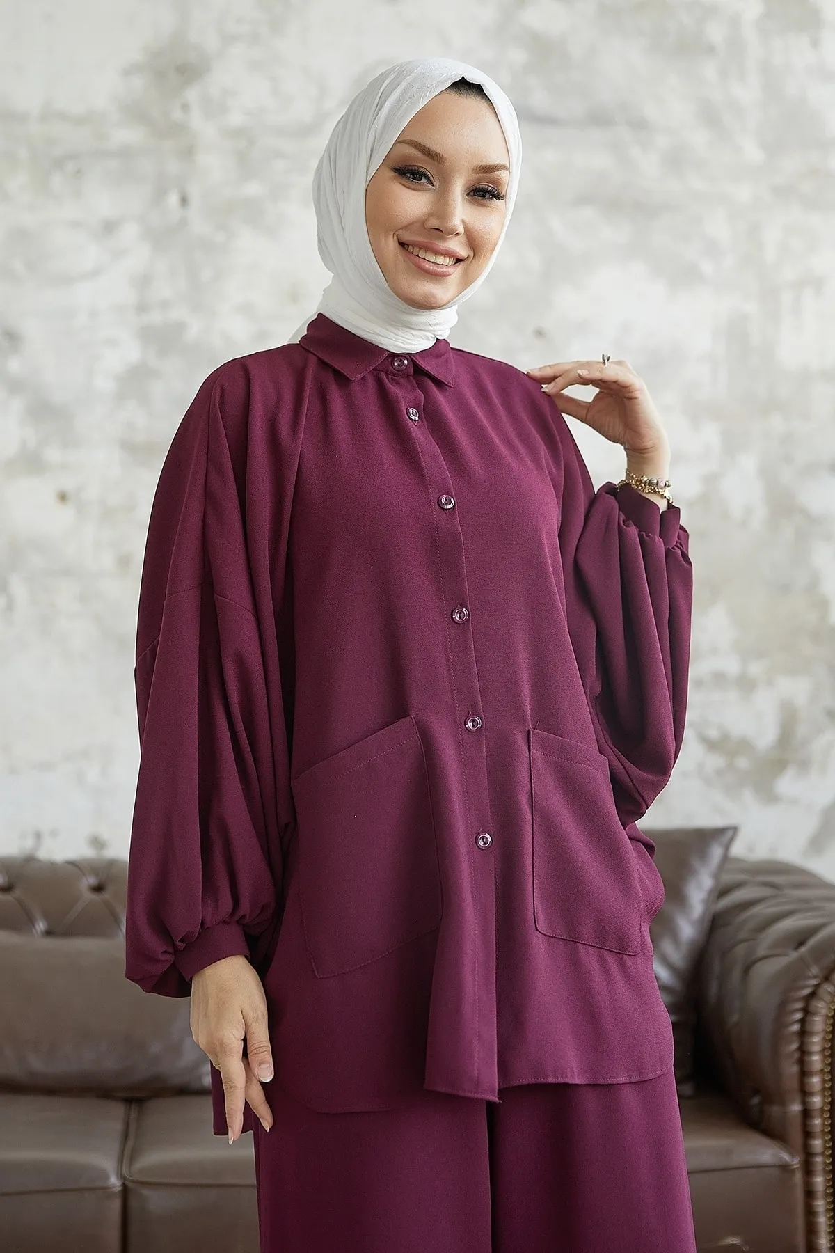 InStyle  Muno Casual Set mit Ballonärmeln - Weinrot