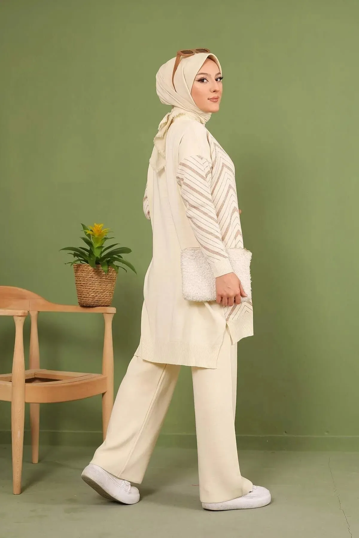 MODAQU  Glitzer-Strick-Tunika-Hosen-Set – Stein