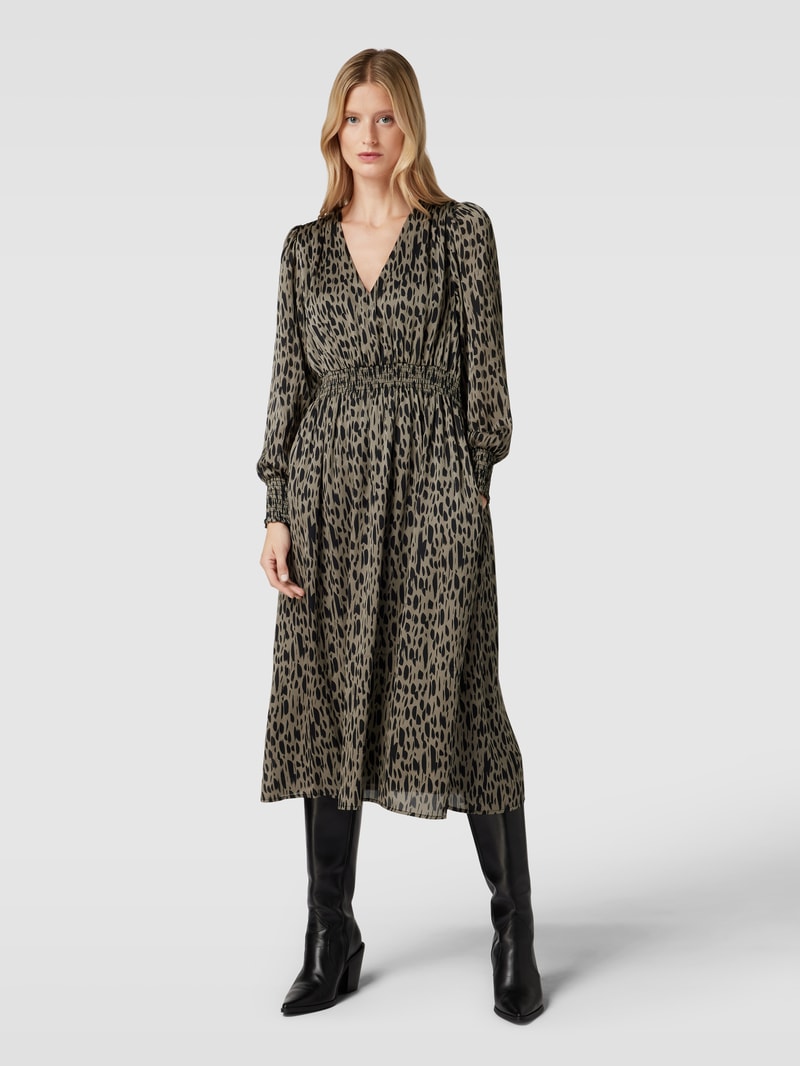 Midikleid mit Animal-Print und Smok-Details in olivgrün