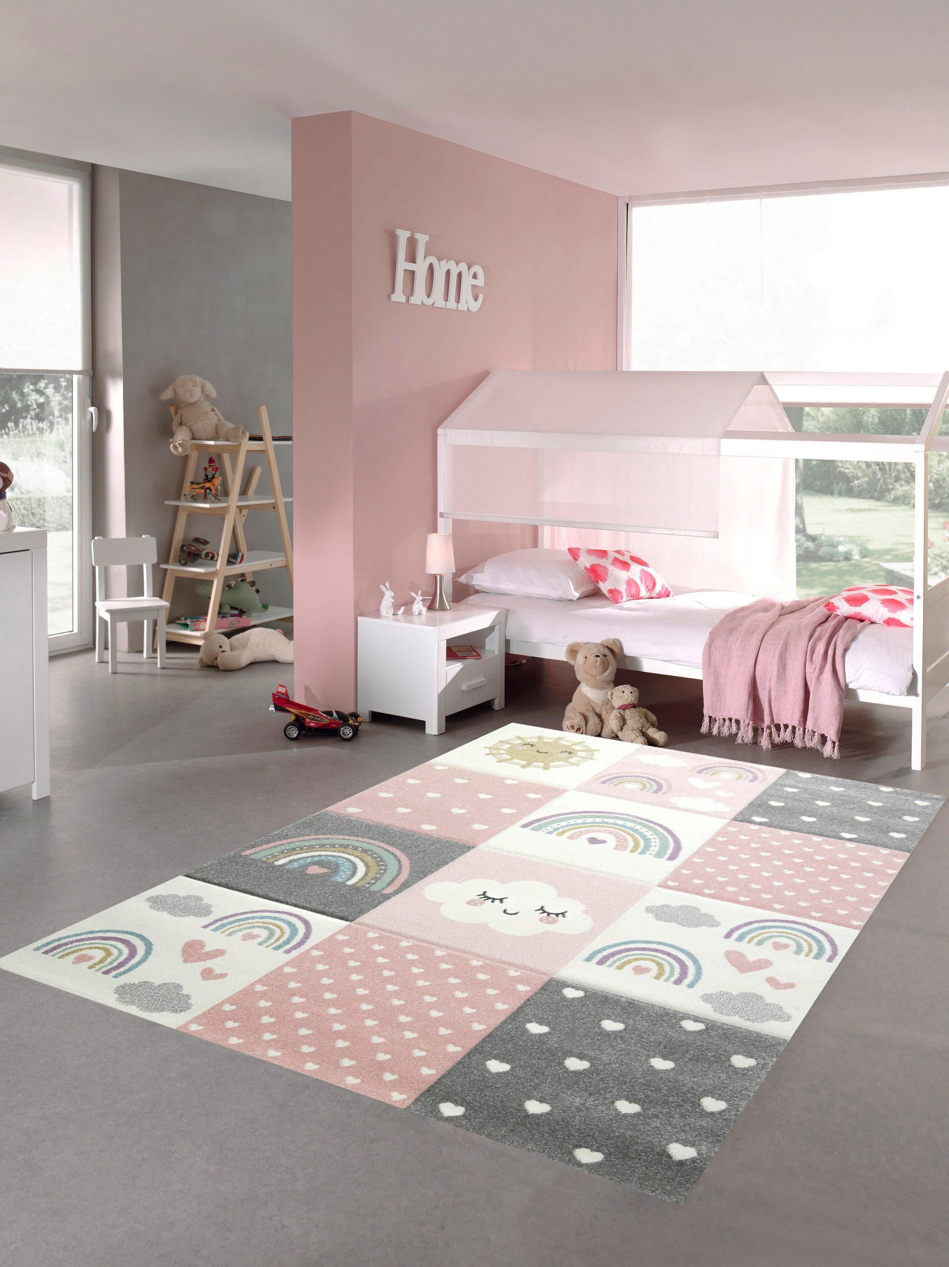 Kinderteppich Kinderzimmer Teppich Spielteppich Regenbogen Punkte Herzchen Wolken rosa creme grau, Teppich-Traum, rechteckig, Höhe: 13 mm