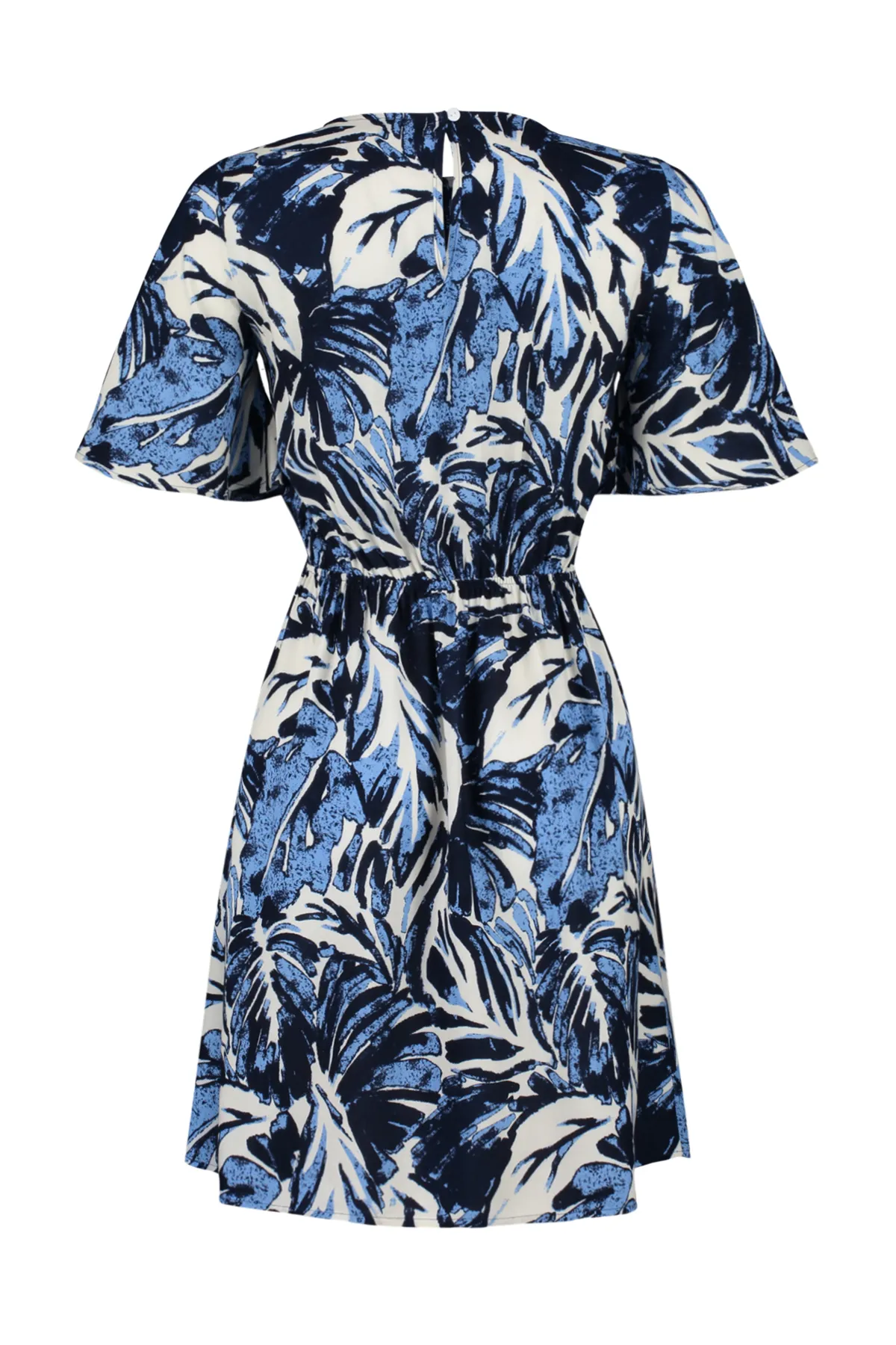 Trendyol Collection  Blaues A-Linien-Minikleid aus Viskosegewebe mit tropischem Blumenmuster TWOSS24EL00632