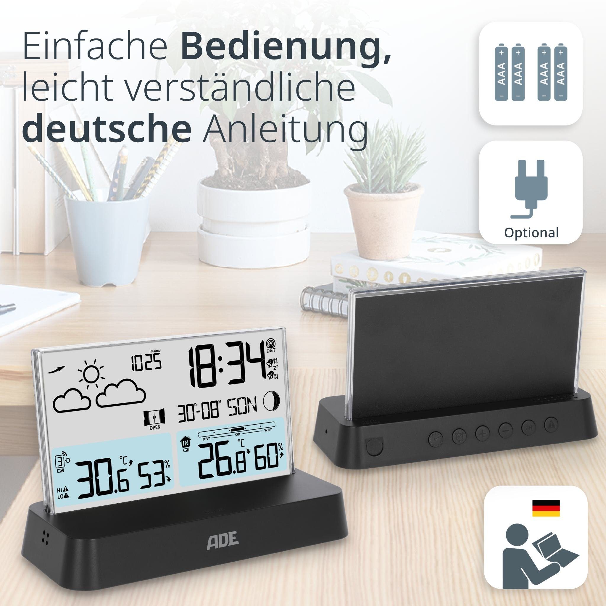 ADE Digitale Wetterstation Funk mit Außensensor Funkwetterstation (mit Vorhersage, Funkwecker, Beleuchtung, auffällige rahmenlose Optik)