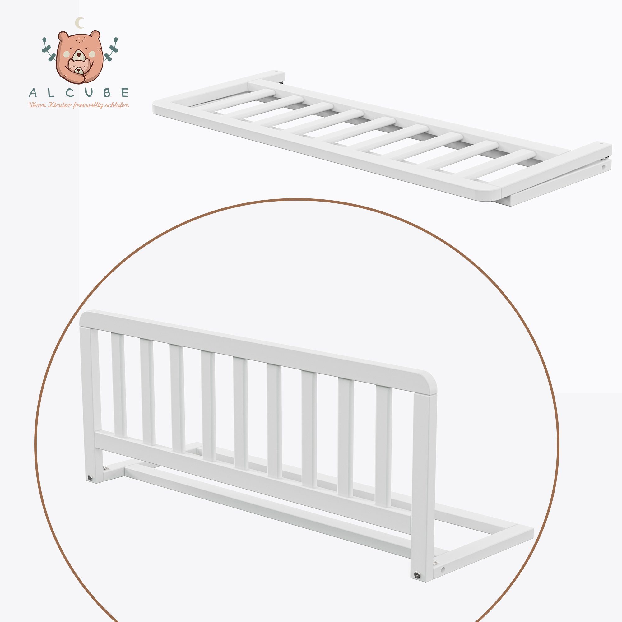 Alcube Bettschutzgitter für Kinder aus Kiefernholz I GRATIS Lieferung (90x36 cm Bettgitter in weiß I kombinierbar mit dem Elternbett oder, Kinderbett wie Hausbett), Tipibett I verwendbar als Rausfallschutz für Bett