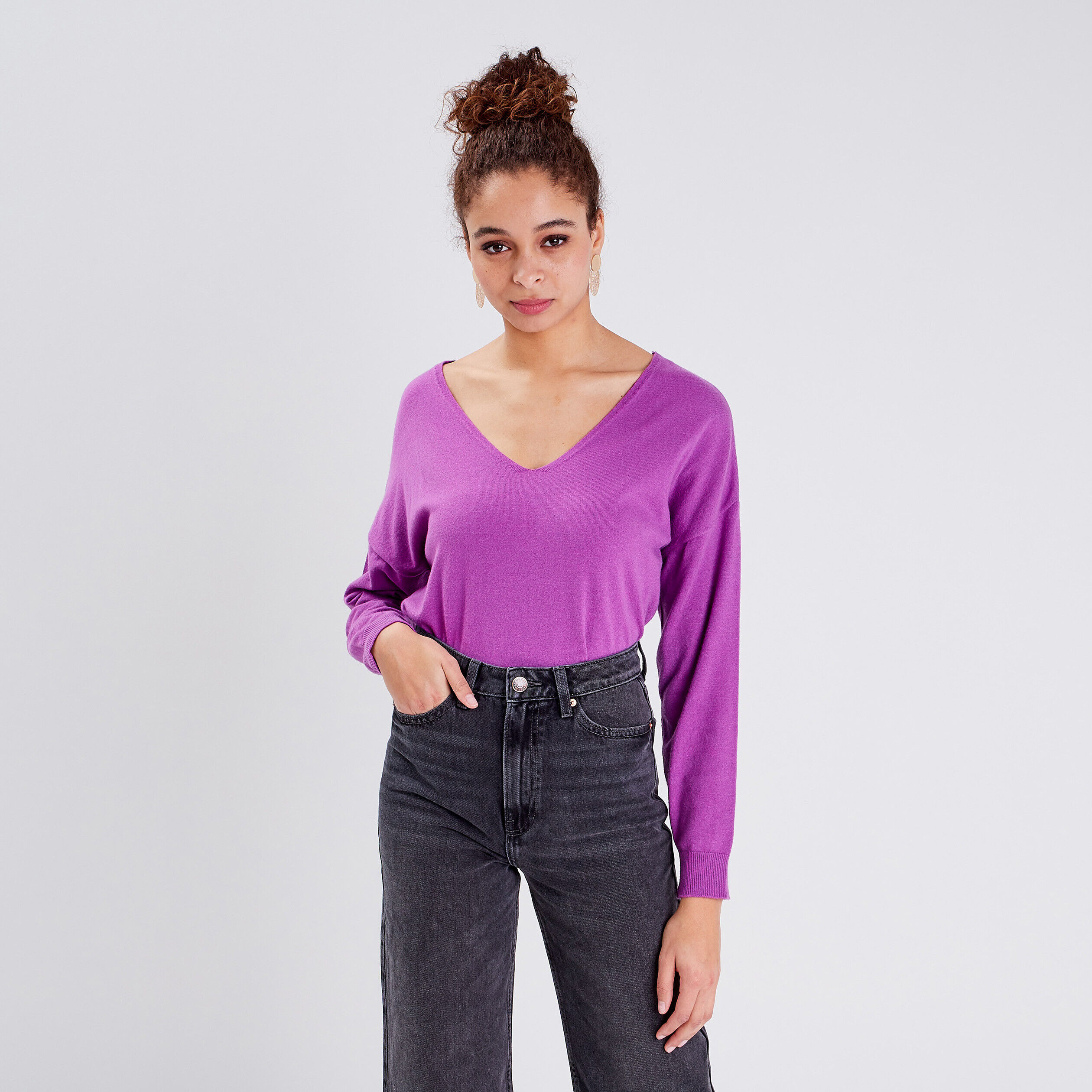 Pull avec col en V violet femme | Cache Cache