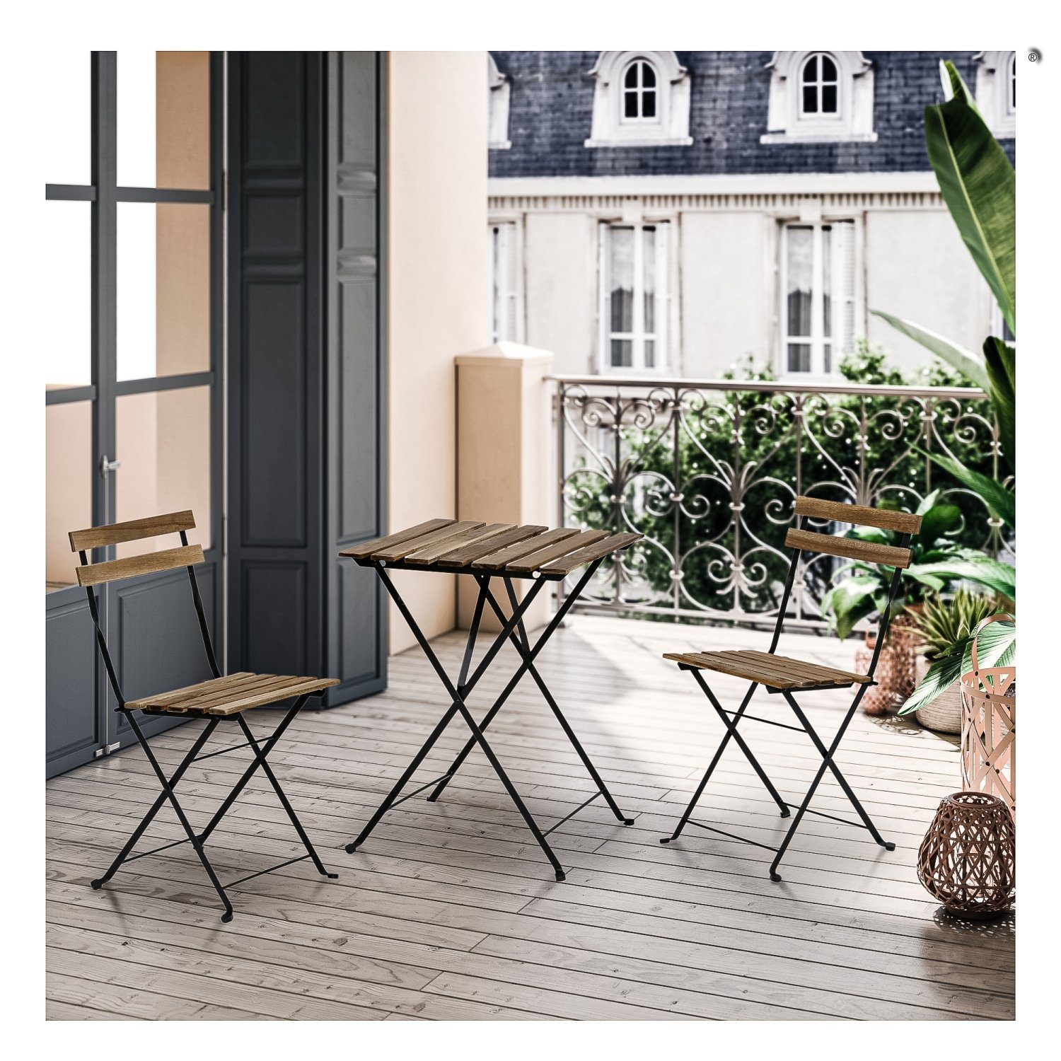 STILISTA Balkonset Bistroset Sitzgruppe Gartenmöbel Terrassenmöbel, (Set, 3er Set), FSC®-zertifiziertes Akazienholz und Metall, 3-tlg., Klappbar