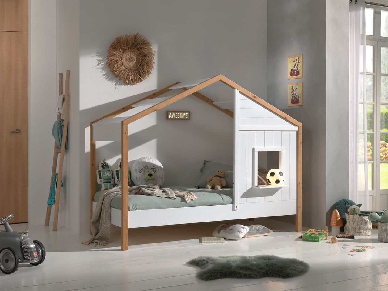 VIPACK Landhausbett BABS mit Liegefläche 90 x 200 cm, inkl. Lattenrost, Ausf. teilmassiv Kiefer, Farbe Oak/Weiß