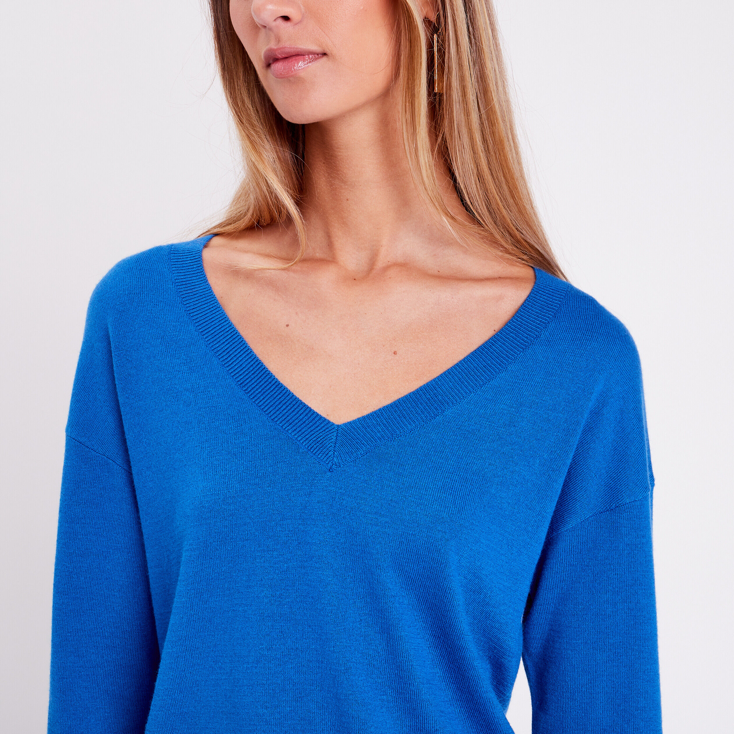 Pull col en V bleu roi femme | Cache Cache