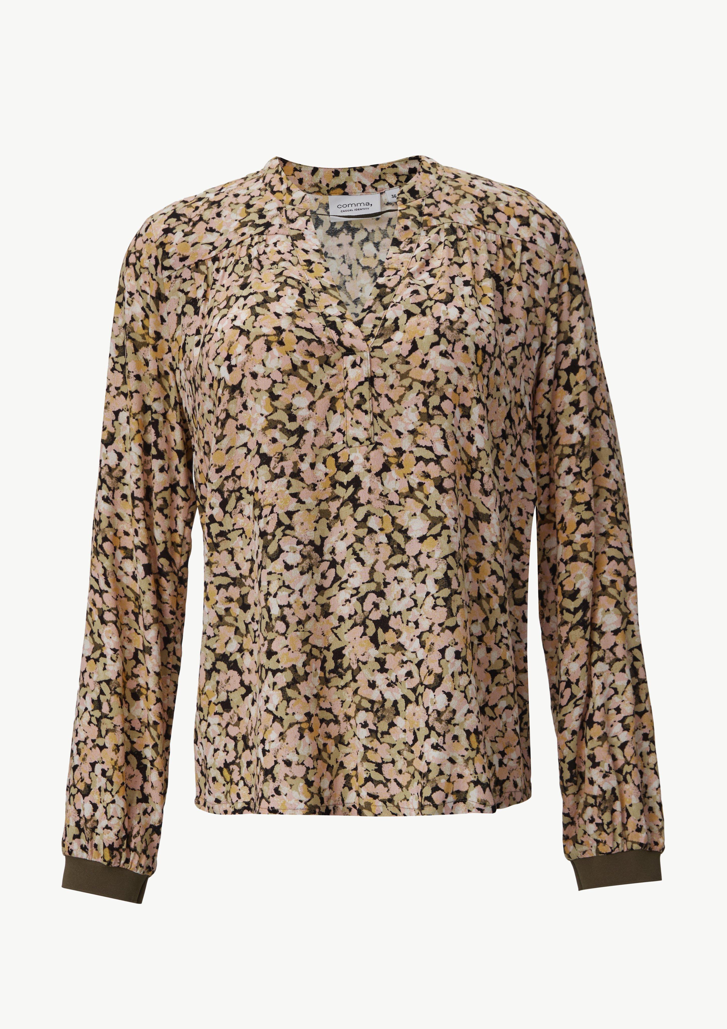 Floral gemusterte Bluse aus Crêpe mit Rippdetail - pfirsich
