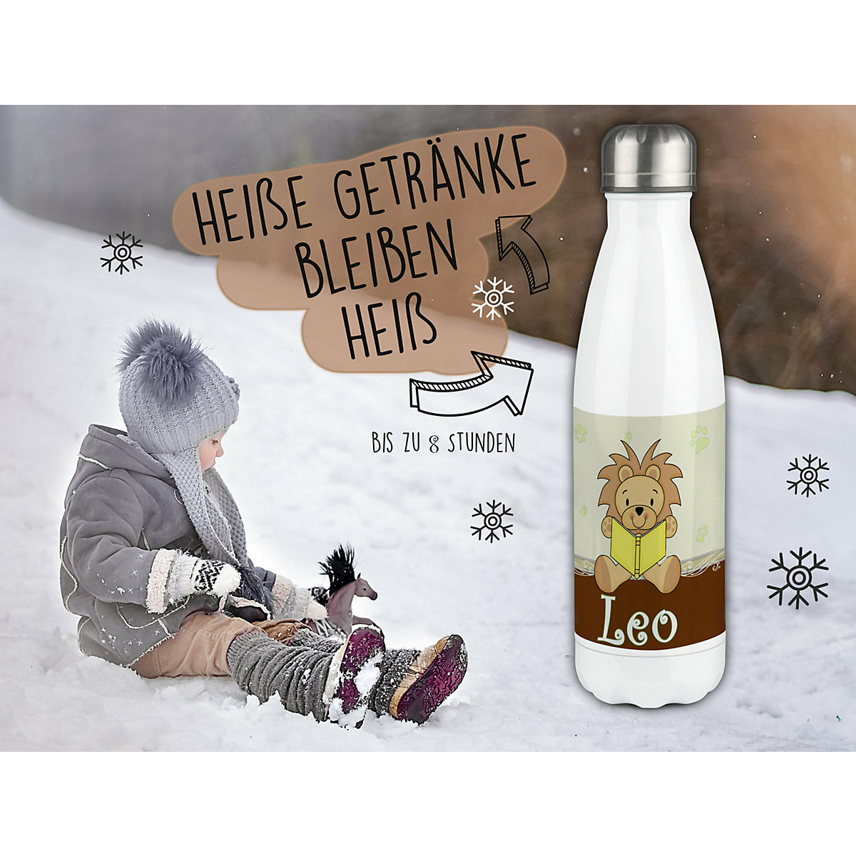 Edelstahl Kinder Thermoflasche / Trinkflasche bunt Leselöwe Farbe braun Spülmaschinenfest, Auslaufsicher, Bruchfest, Doppelwandig, Für Heißgetränke geeignet, Mit Deckel, Isoliert