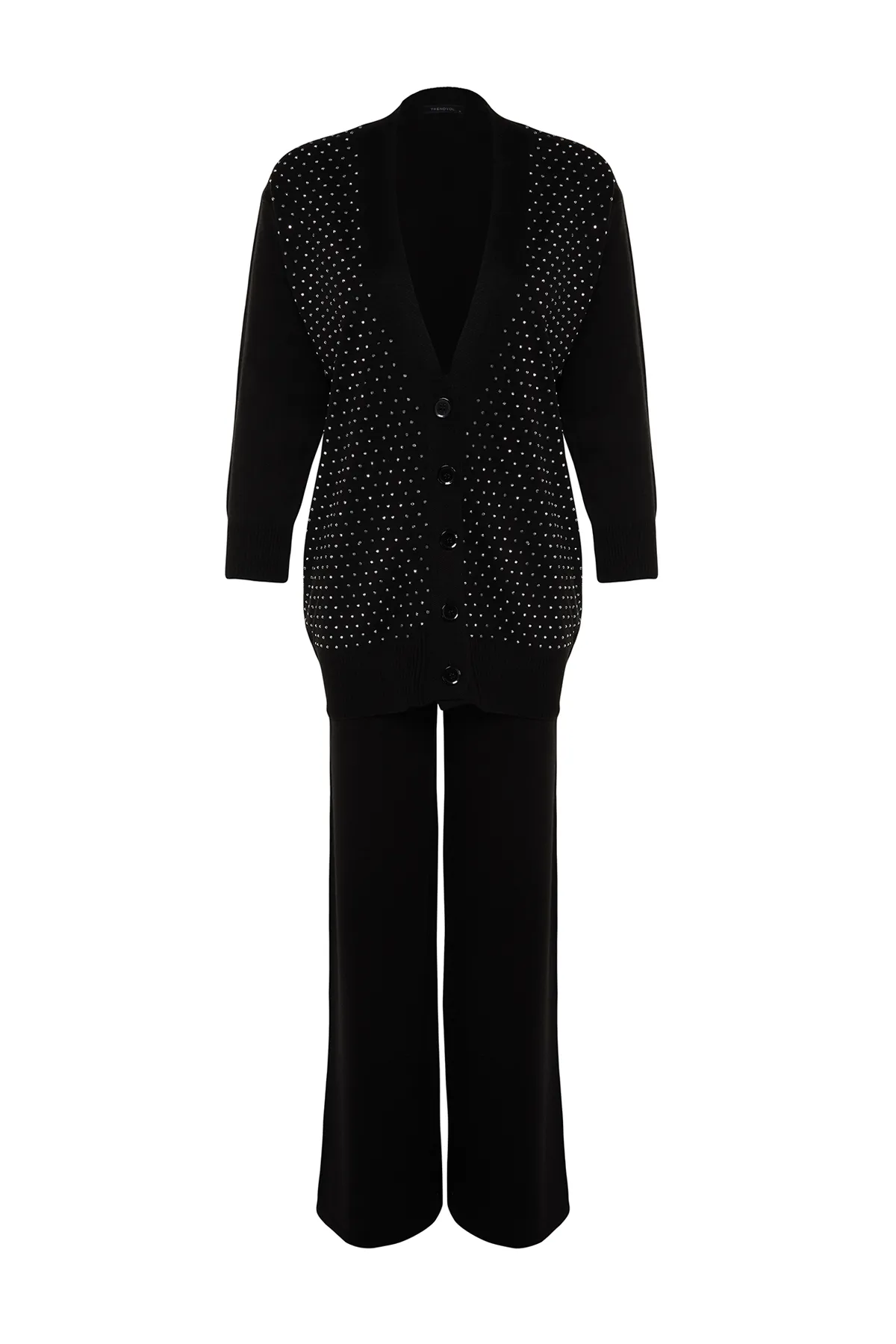 Trendyol Modest  Schwarzes Set aus Strickjacke und Hose mit Schmucksteinen, Oberteil und Unterteil TCTAW24US00079
