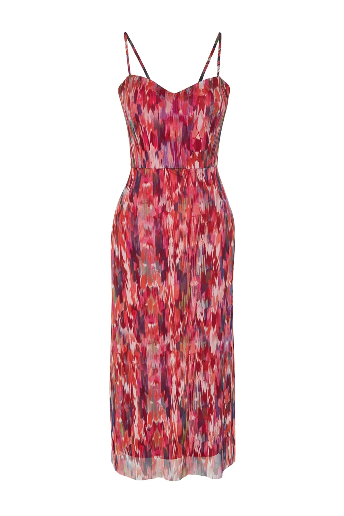 Trendyol Collection  Mehrfarbig gemustertes Midikleid mit überkreuztem Rücken und herzförmigem Ausschnitt in limitierter Auflage, Midikleid aus Tüll TWOSS23EL02092