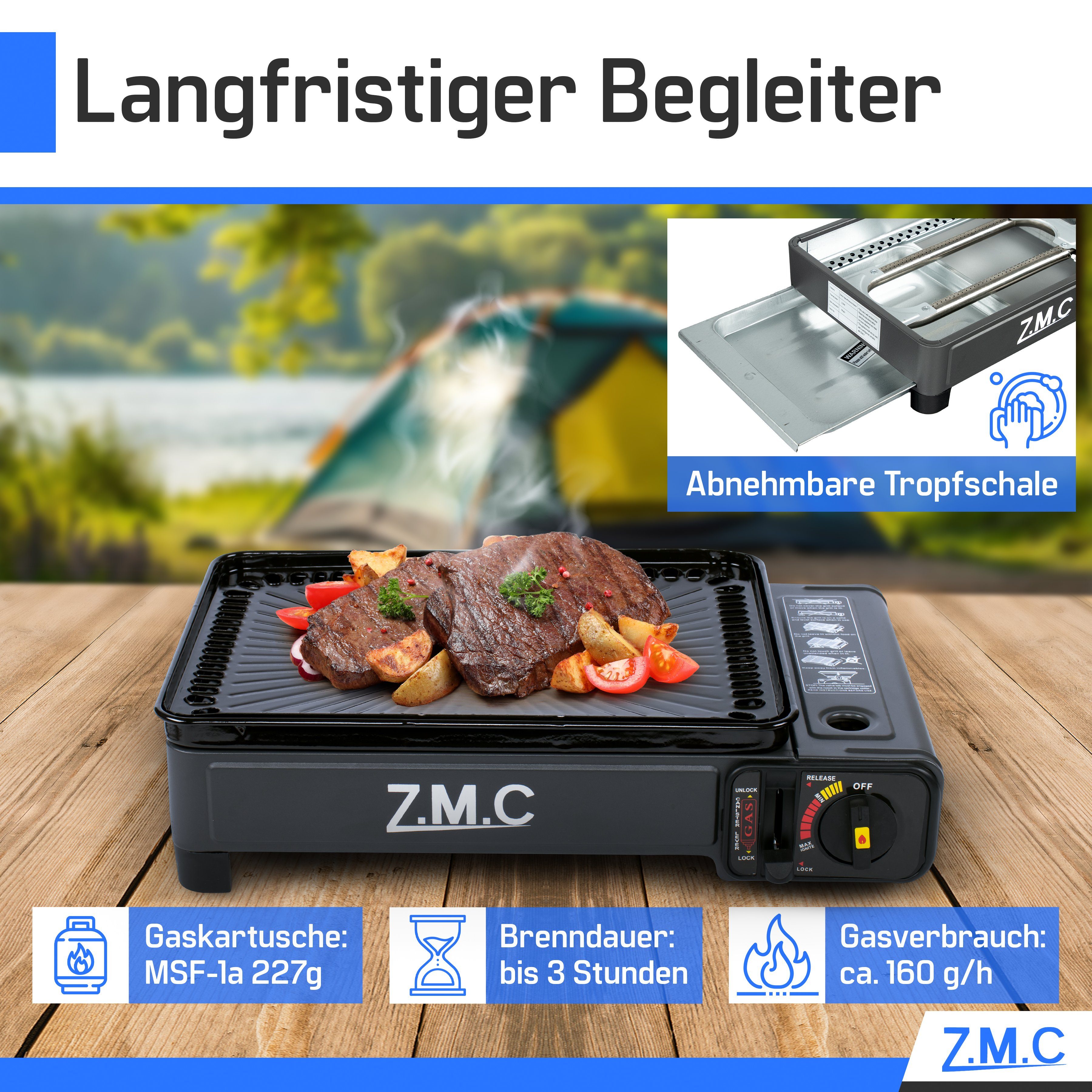 ZMC Gaskocher 2-in-1 Gaskocher inkl. Zubehör einflammiger Camping-Kocher, (mit Grillplatte + Grillrost, stufenlos regulierbar, Tischgrill), mit Tragekoffer, 3,8kg, Piezo-Zündung Wärmeleistung: 2,2KW