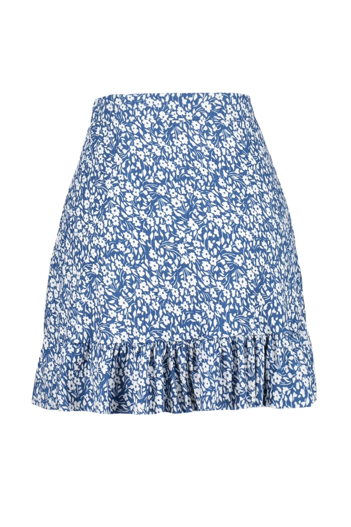 Trendyol Collection  Indigoblau bedruckter, hoch taillierter Mini-Strickrock mit Volant und Stretch TWOSS21ET0010