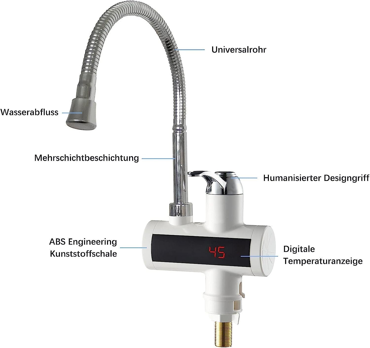 Daskoo Durchlauferhitzer Elektrisch Temperaturanzeige einstellbar schwenkbar Wasserhähnen, max 60,00 °C, Temperaturanzeige 50-60 ℃,IPX4 Küchenarmatur