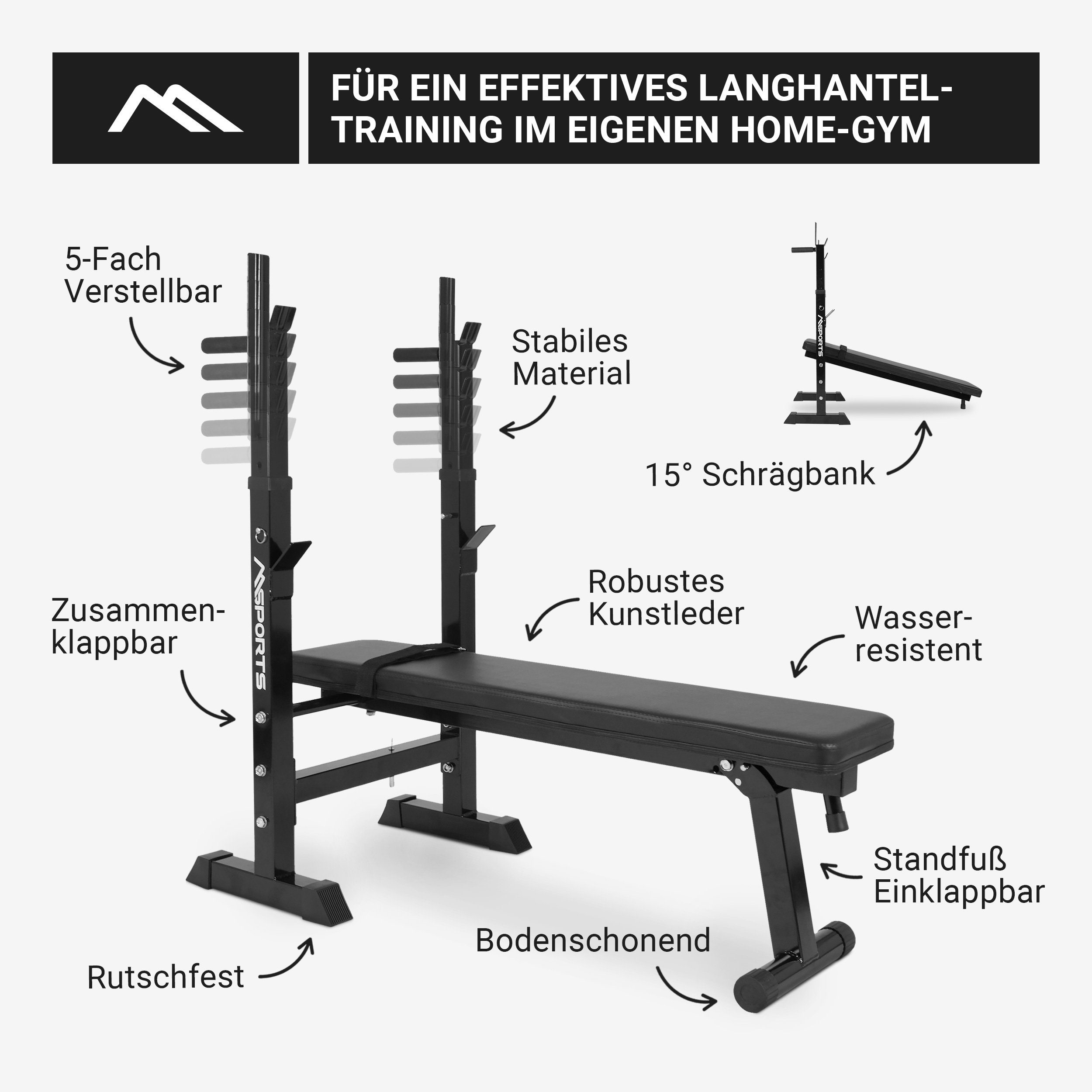 MSports® Hantelbank Hantelbank Multifunktion klappbar Langhantelstangen bis 200 kg
