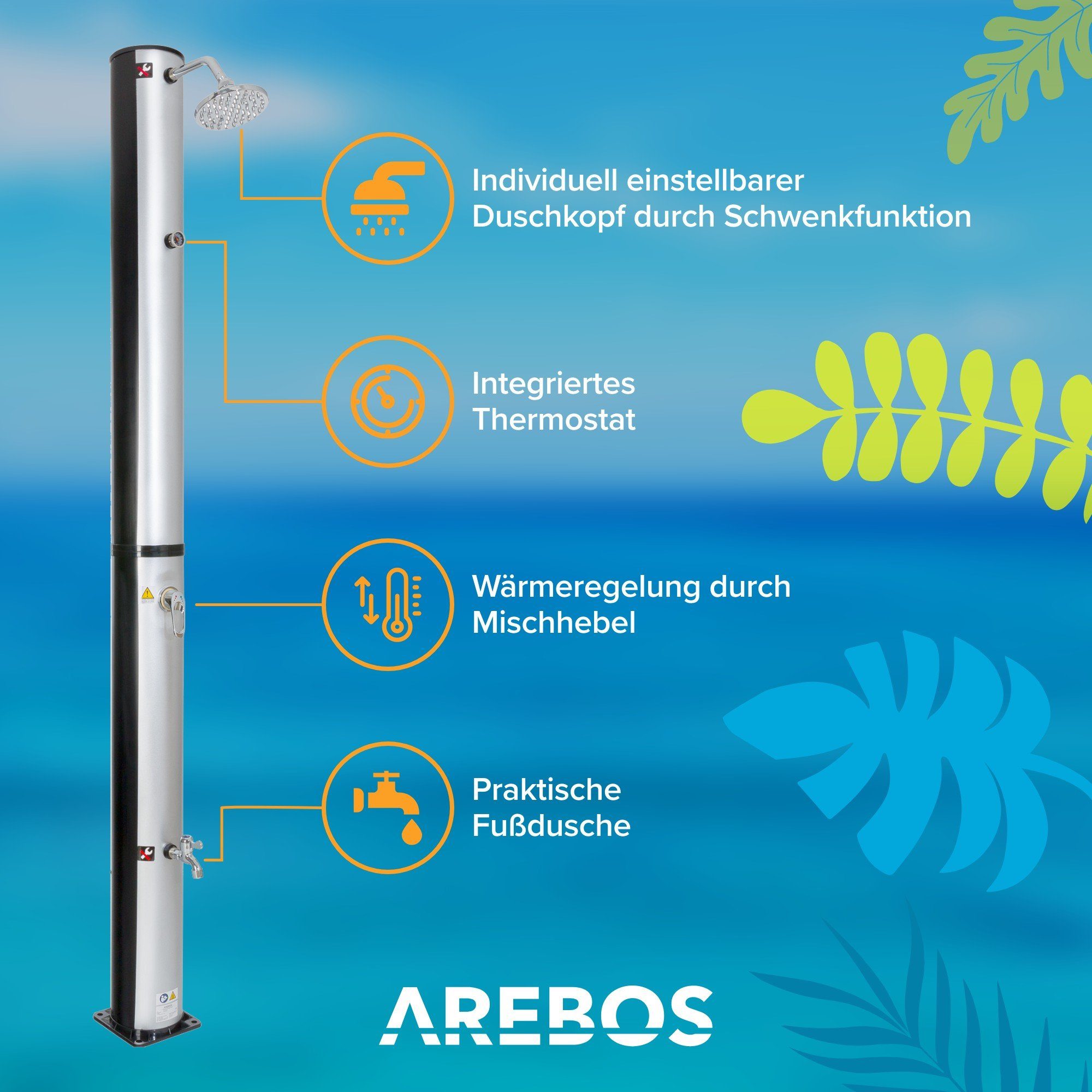Arebos Solardusche 40L & Bodenelement, mit integriertem Thermometer & Fußdusche (Set), inkl. Abdeckhaube