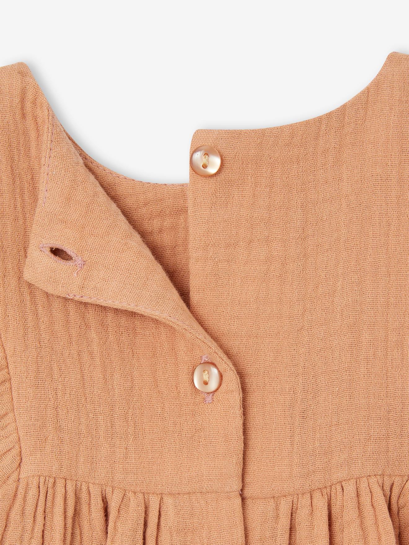 Vertbaudet Besticktes Baby Kleid aus Musselin - karamell