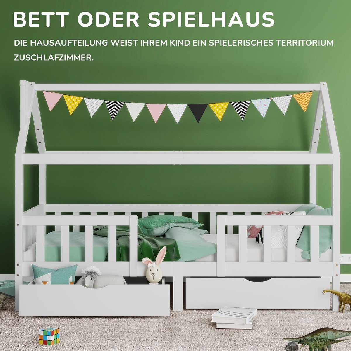 SIKAINI Holzbett L-DJ-28549091WAA, Kinderbett Hausbett mit Schornstein 90 x 200 cm ohne Matratze