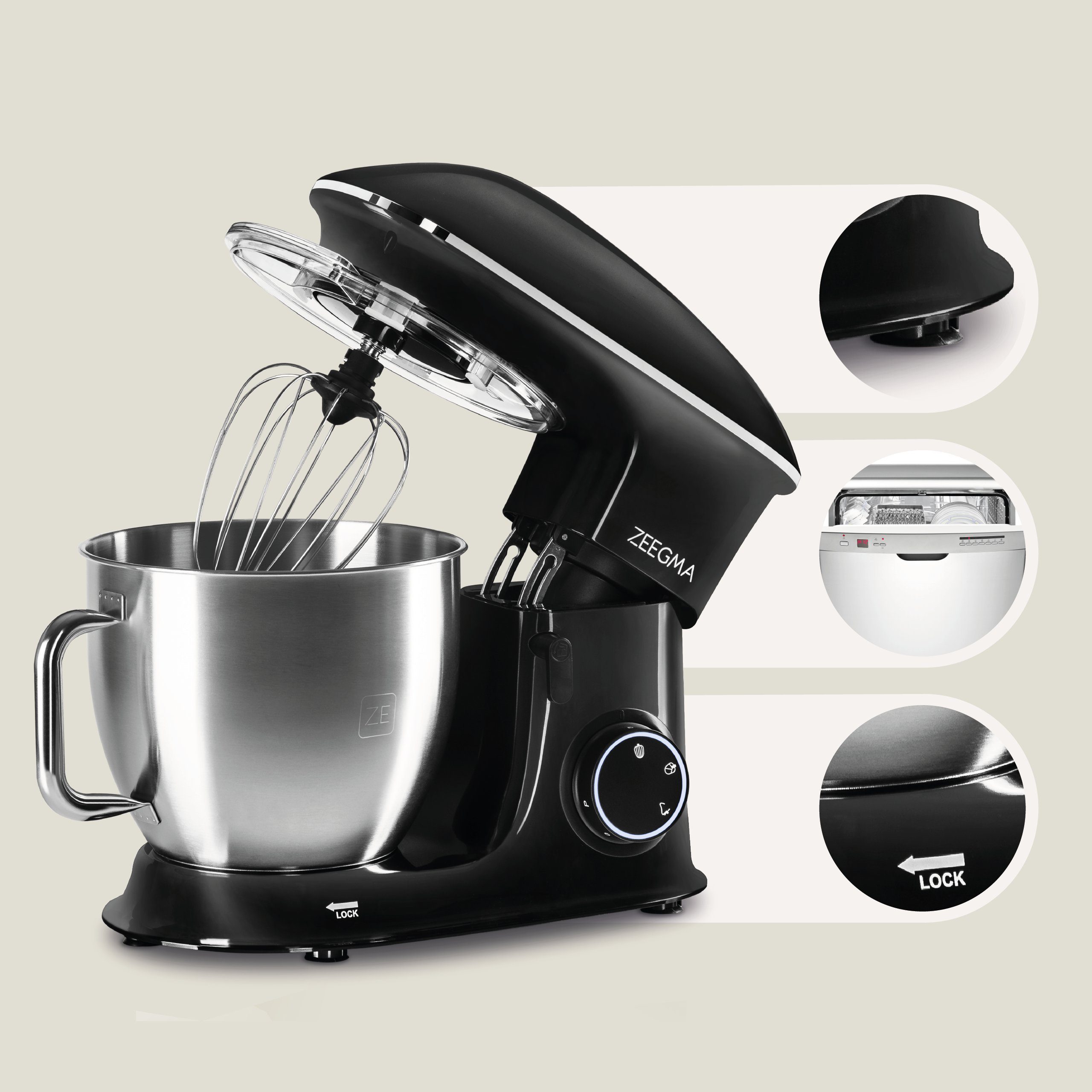 Zeegma Küchenmaschine PLANEET CHEF, 2200 W, 6,50 l Schüssel, 2200W Teflon LED XXXL 6,5 l Schüssel