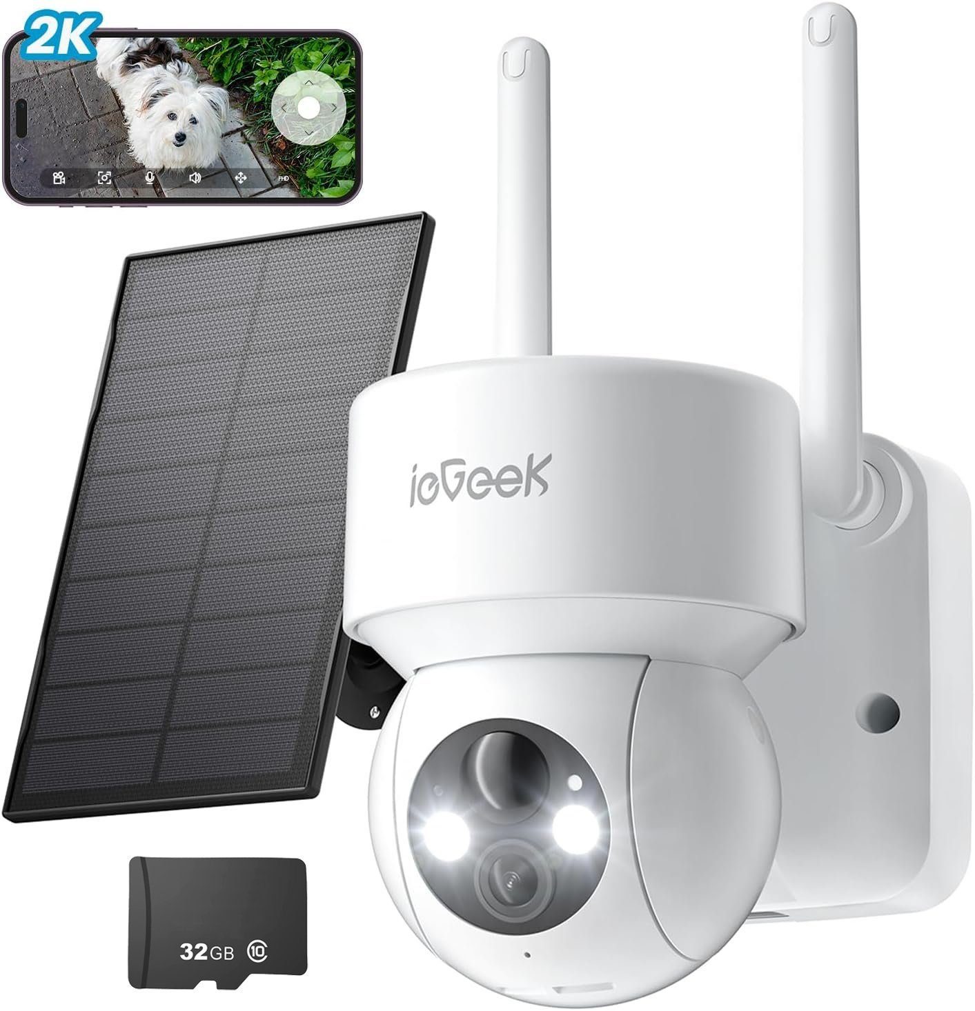 ieGeek 2K Solar Überwachungskamera Aussen Akku PTZ 355°/120° mit SD Karte Überwachungskamera (Aussen Außen Außenbereic Innenbereich, Sirene/Lichtalarm, Videoverlauf, Multi-User-Sharing, 3dBi Dual-WiFi-Antennen,Intelligente Erkennung und sofortiger Al