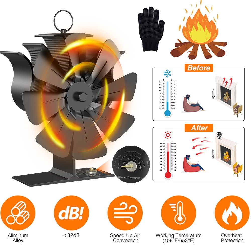 BlingBin Kaminventilator Kaminofen Ventilator 8 Flügel Herd Lüfter für Holzbrenner Gebläse, Mit Thermometer und Handschuhe