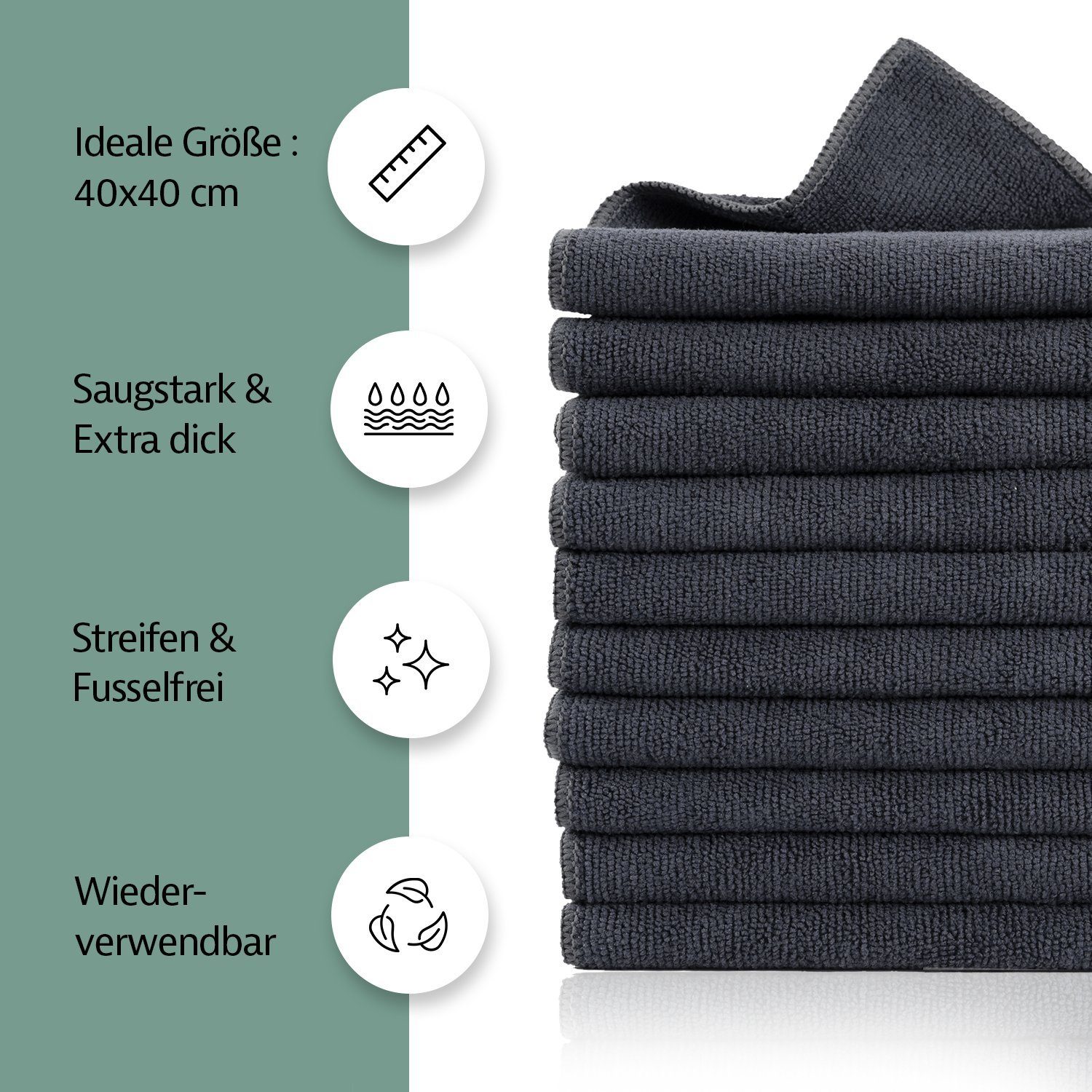 Zestri Geschirrtuch Mikrofasertücher Putztücher 40x40 cm Allzwecktücher Poliertuch, (10-tlg), Microfaser, fusselfrei und streifenfrei, Multipacks Reinigungstücher