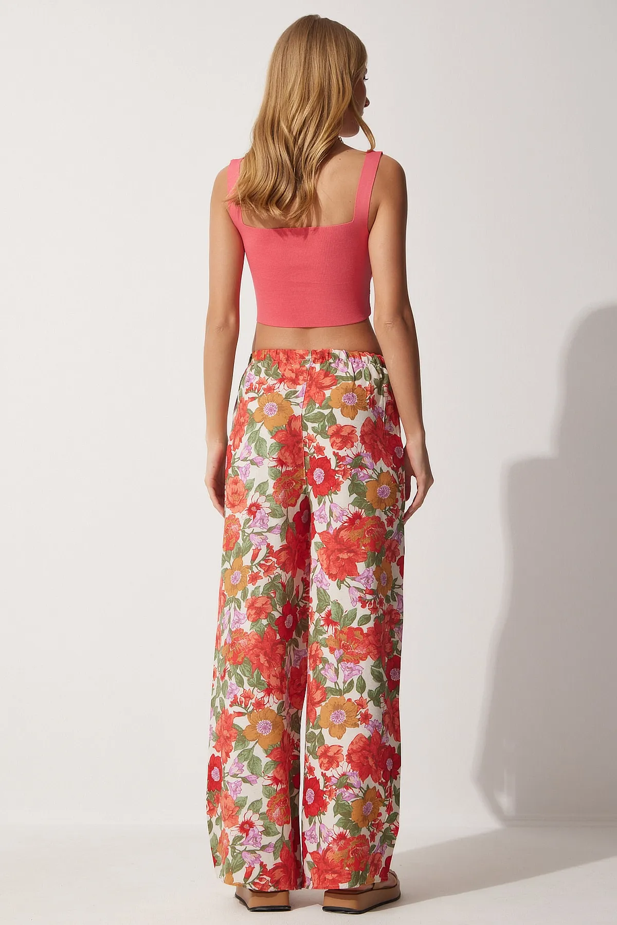 Happiness İstanbul  Grün-orange geblümte Leinen-Palazzo-Hose für Damen BH00385