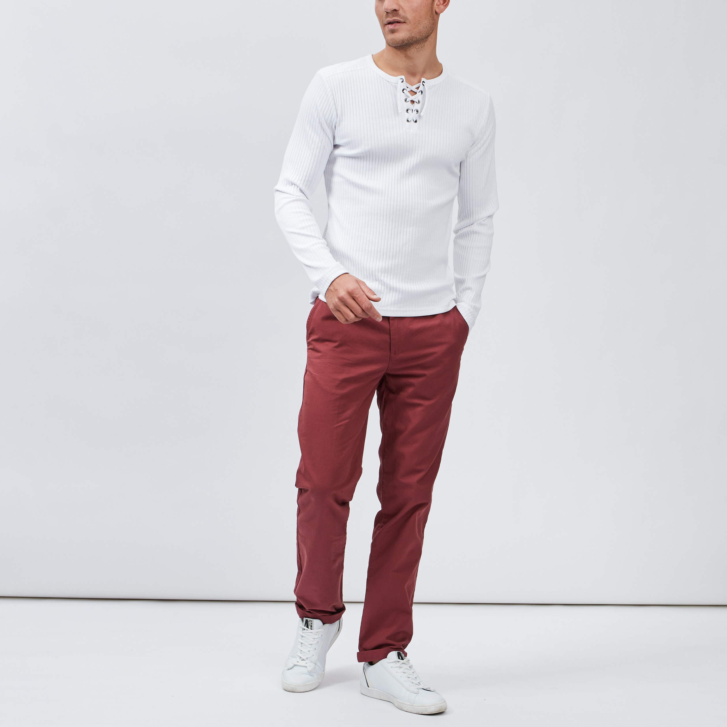 T-shirt ajusté manches longues côtelé blanc homme | La Halle
