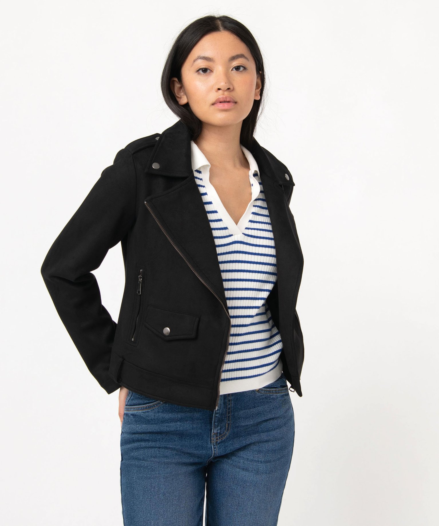 Blouson esprit motard en suédine femme noir | GEMO