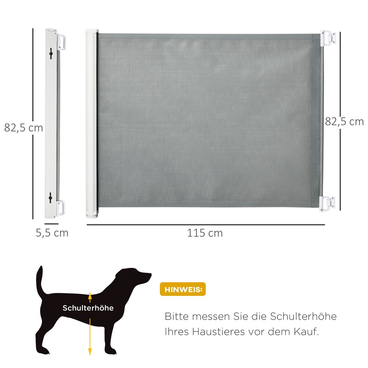 PawHut Hunde Türschutzgitter Treppenschutzgitter Treppenschutz Sicherheitstrennwand Trennwand Türschutz Treppenschutzgitter ausziehbar treppenschutzrollo Rollo Einrollbar PVC Grau 115L x 82,5H cm