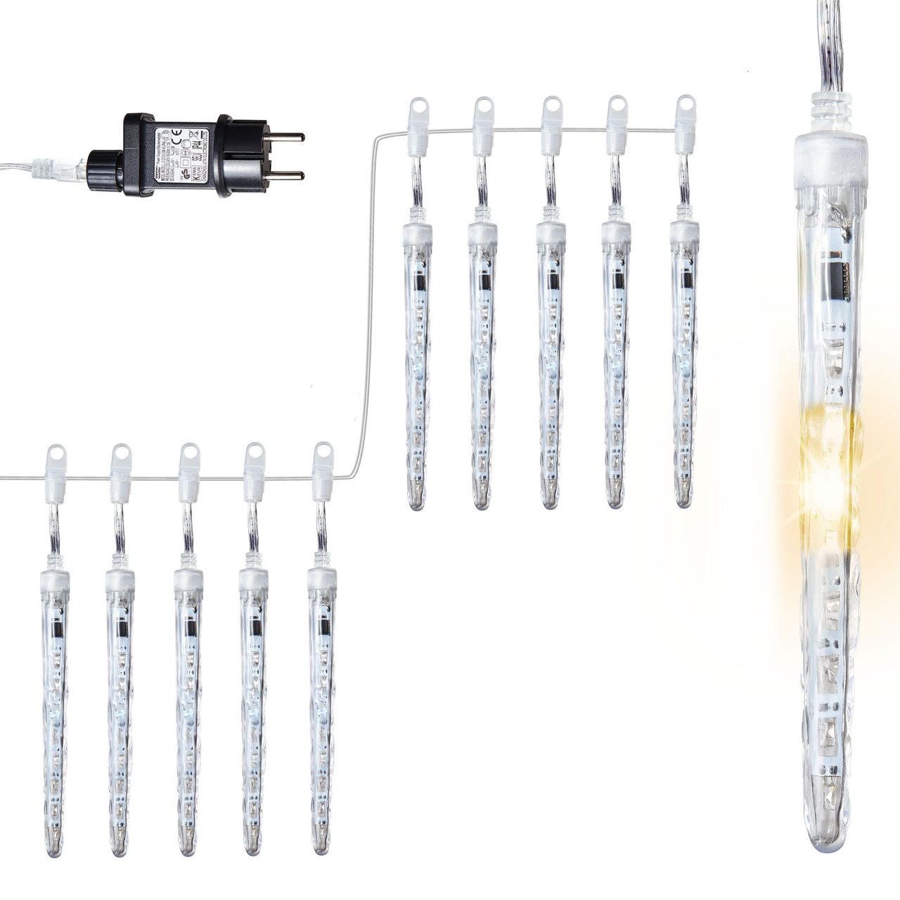 Weles AMARE Eiszapfenlichterkette mit 80 LED (10 Eiszapfen à 8 LED) warmweiß mit Schneeballeffekt Länge 3,6 m (zzgl. 10 m Zuleitung), CE   GS geprüft, für den Innen- und Außenbereich, Timer