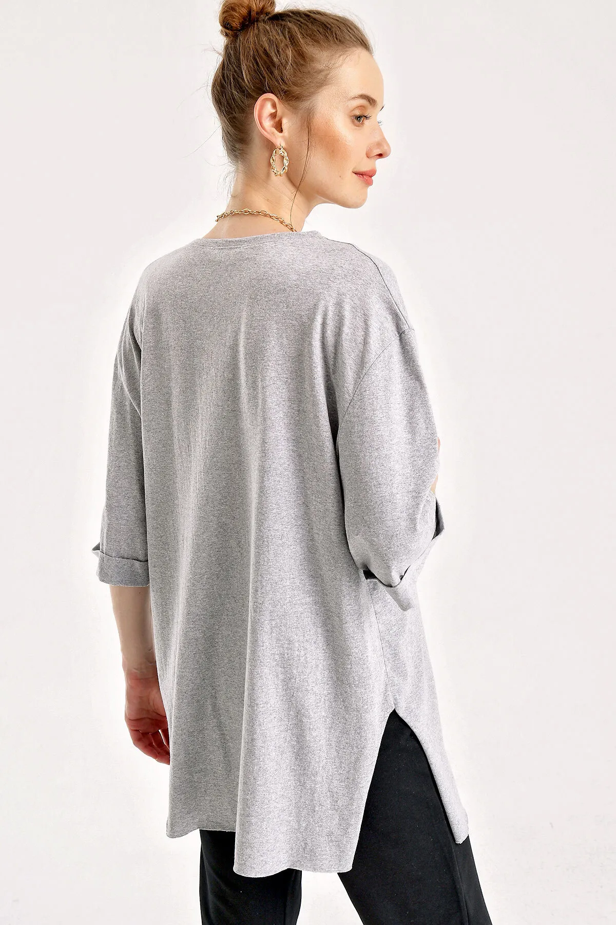 Bigdart  4123 Geschlitztes Oversize-T-Shirt – Grau