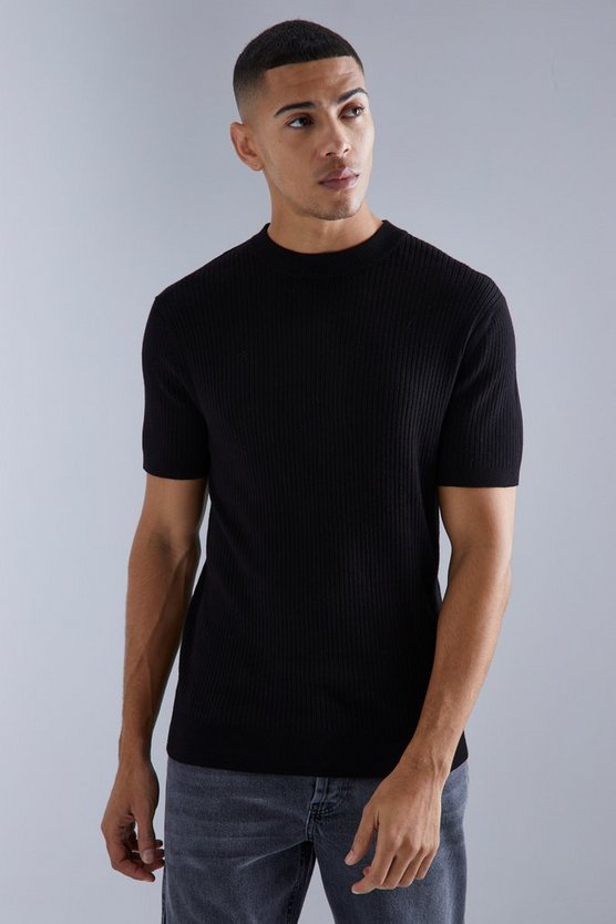 Recycelter gerippter Rollkragenpullover mit kurzen Ärmeln