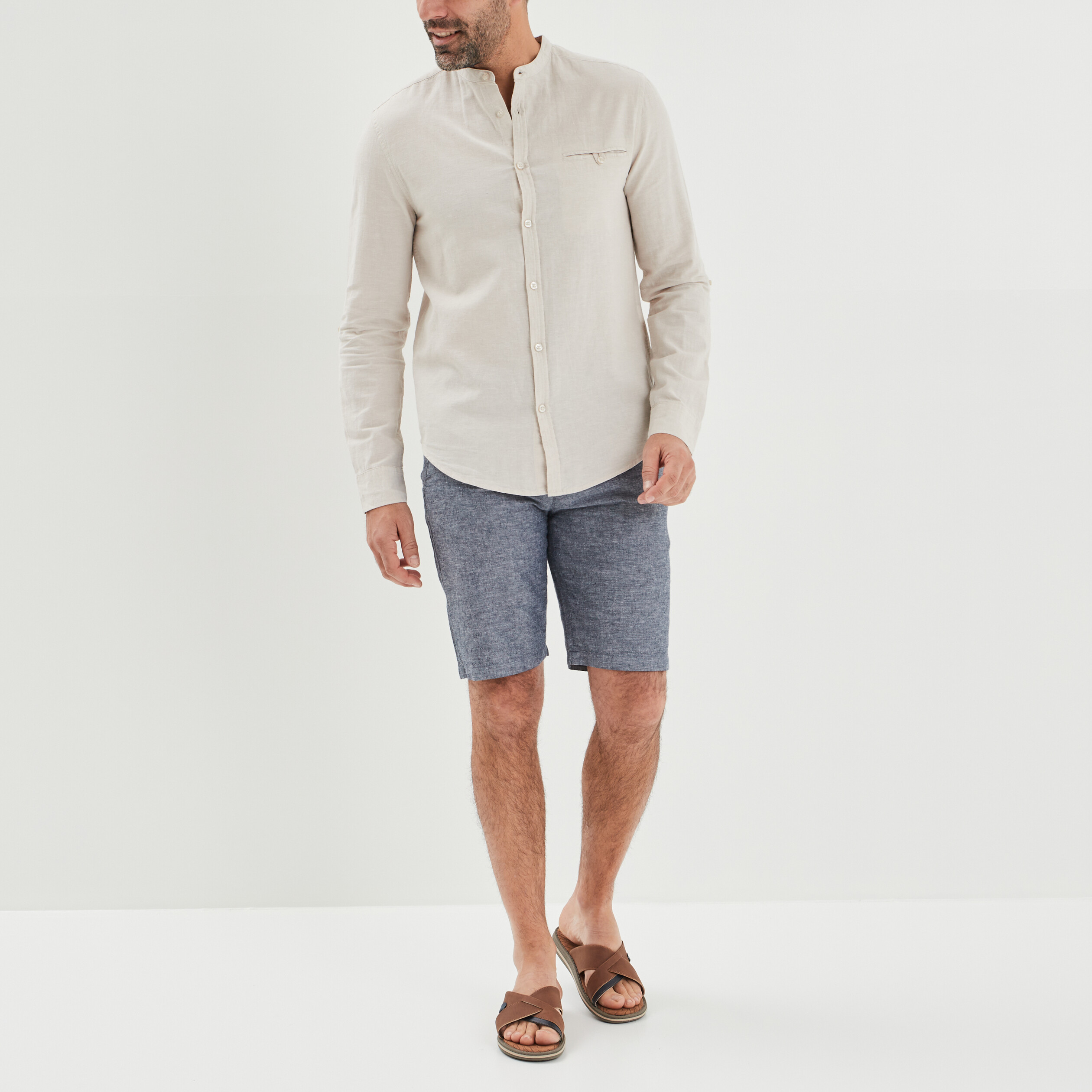Short chino droit lin majoritaire bleu marine homme | La Halle