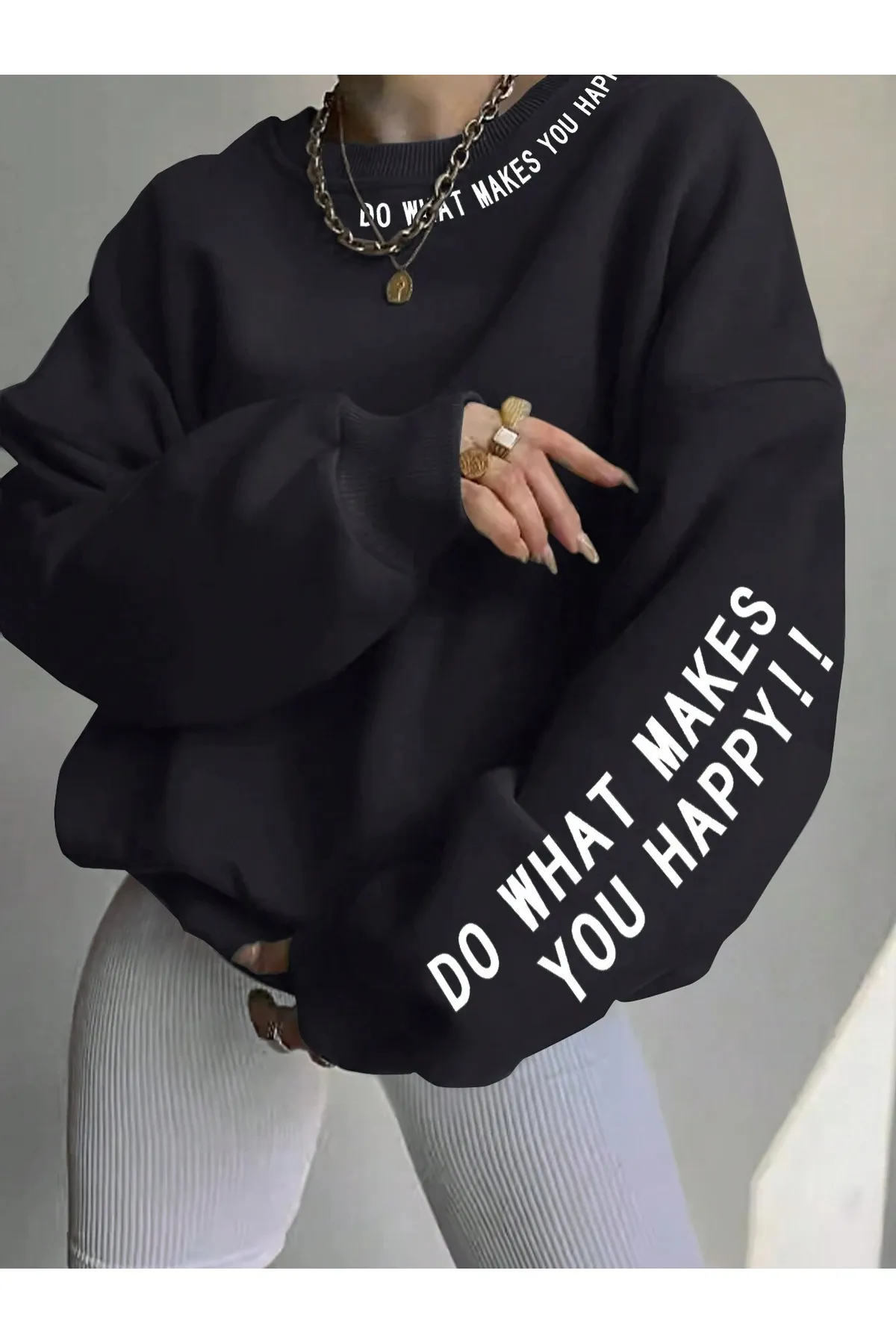 Know  Schwarzes Oversize-Sweatshirt mit Rundhalsausschnitt und „Do What Makes“-Aufdruck für Damen