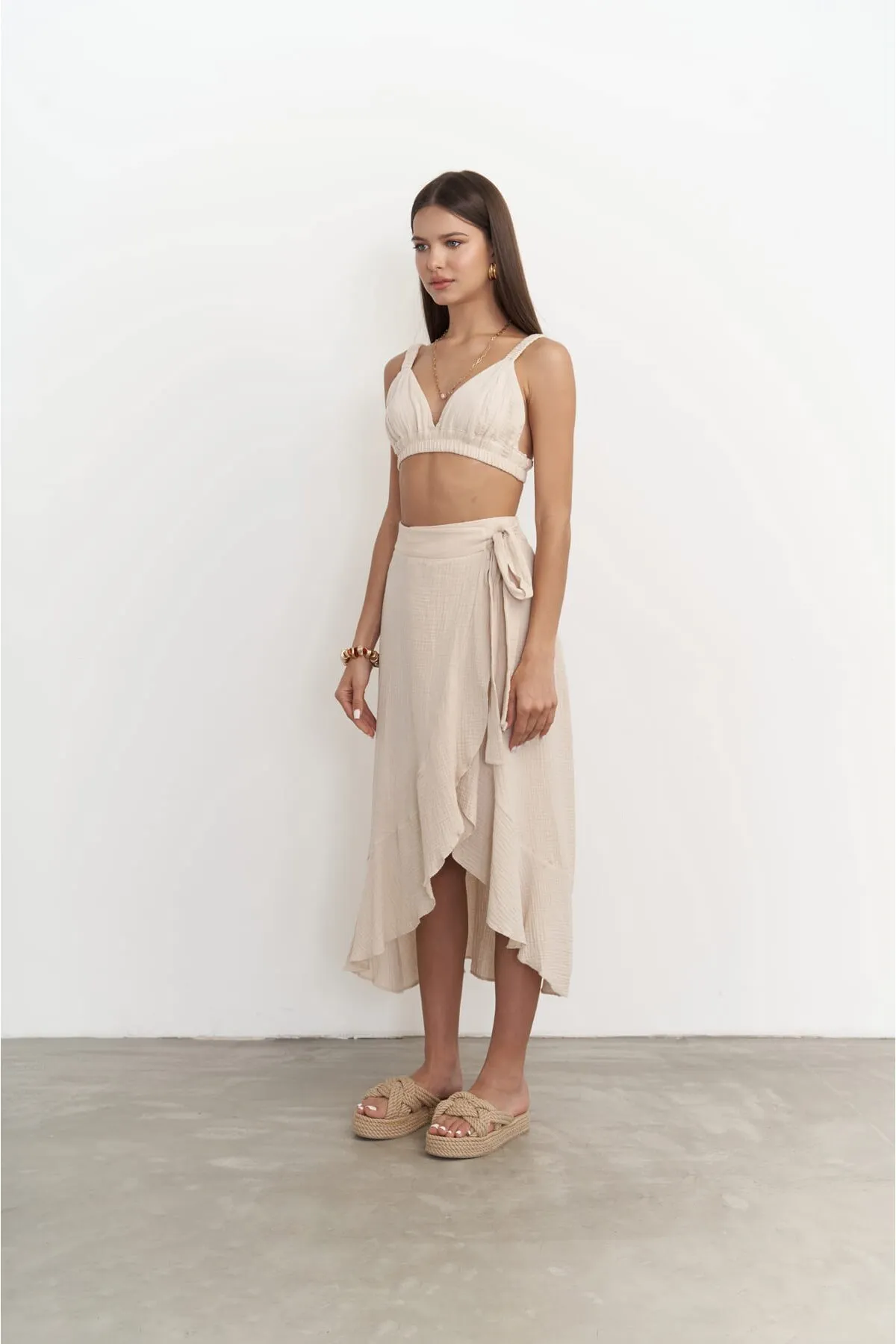 BOHEMAİ  Adelina Dunkelbeiges Musselin-Crop-Rock-Set