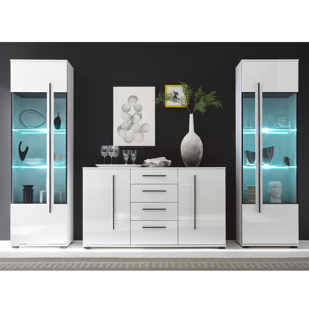 Lomadox Essgruppe COLORADO-61, (Spar-Set), weiß Hochglanz 2 Vitrinen und großem Sideboard 300x200x42cm