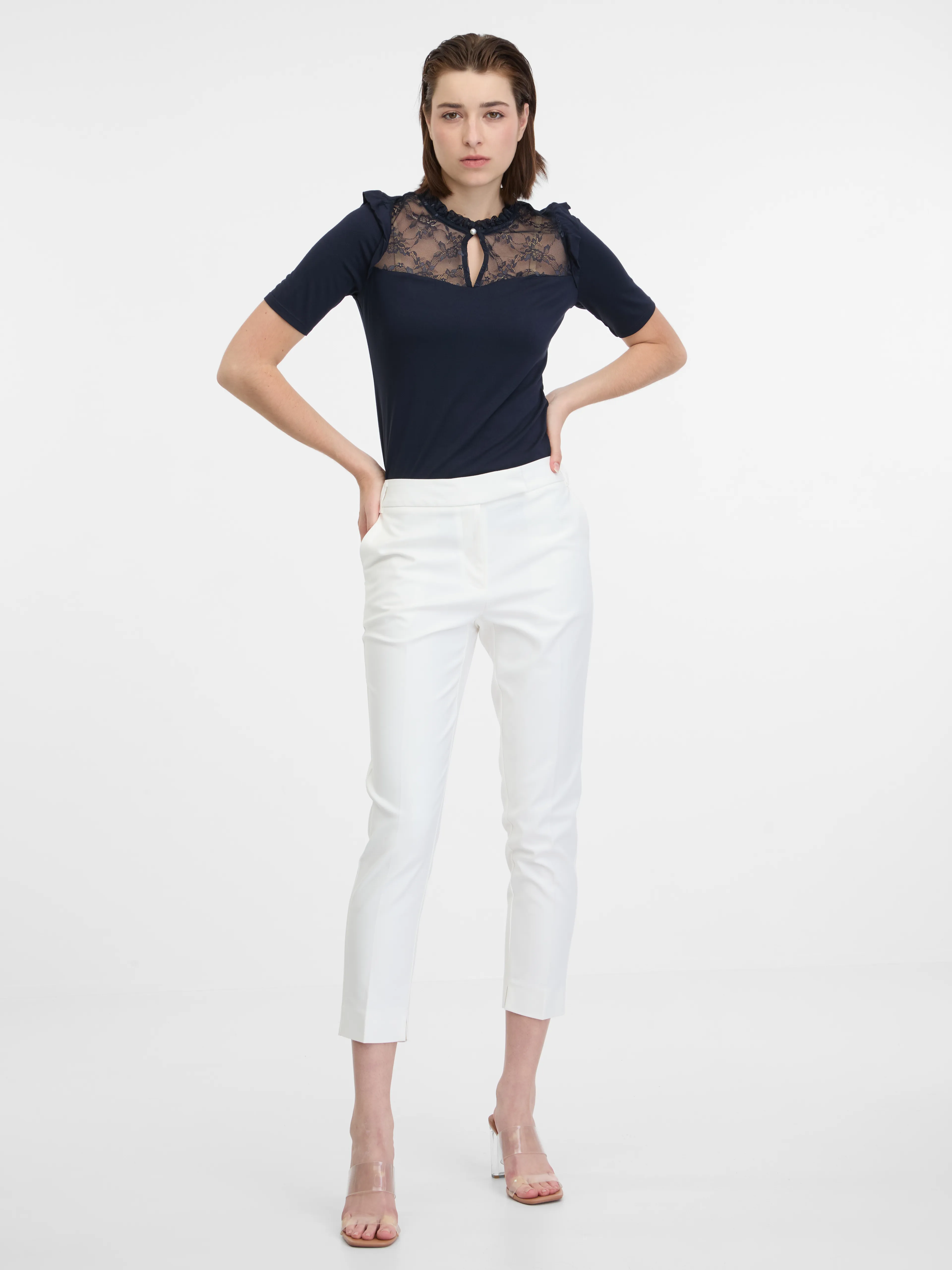 Dunkelblaues Damen-T-Shirt mit Spitze ORSAY