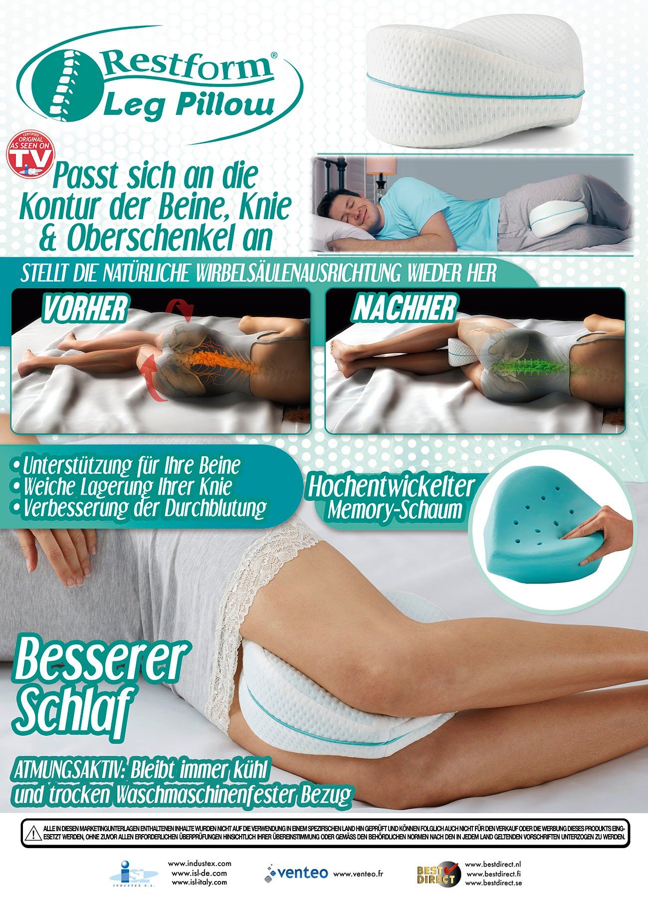 Restform® Seitenschläferkissen Leg Pillow ergonomisches Knie- und Beinruhekissen, Spar-Set, 1-tlg., Orthopädisches Beinkissen aus Memory-Schaum, Seitenschläferkissen
