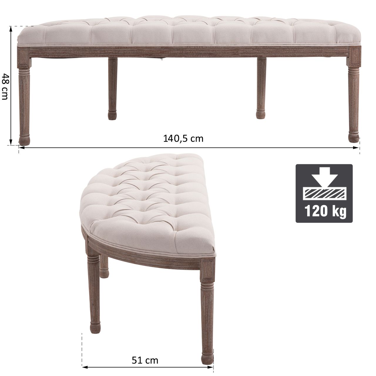 HOMCOM Polsterbank Sitzbank Lounge Sitzhocker Vintage Retro mit Knöpfen Sofa Couch Leinen   Holz beige 140,5 x 51 x 48 cm