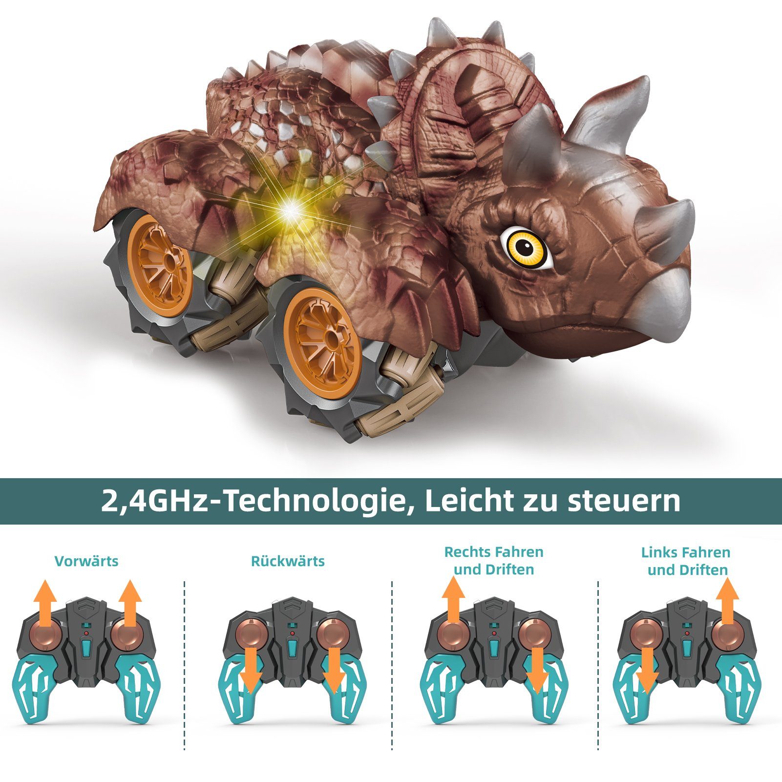 Esun RC-Auto Dinosaurier Auto Spielzeug, Ferngesteuertes Auto ab 3 4 5 6 8 Jahre (Komplettset), 2,4GHz RC Auto Drift Car mit Licht, Triceratops