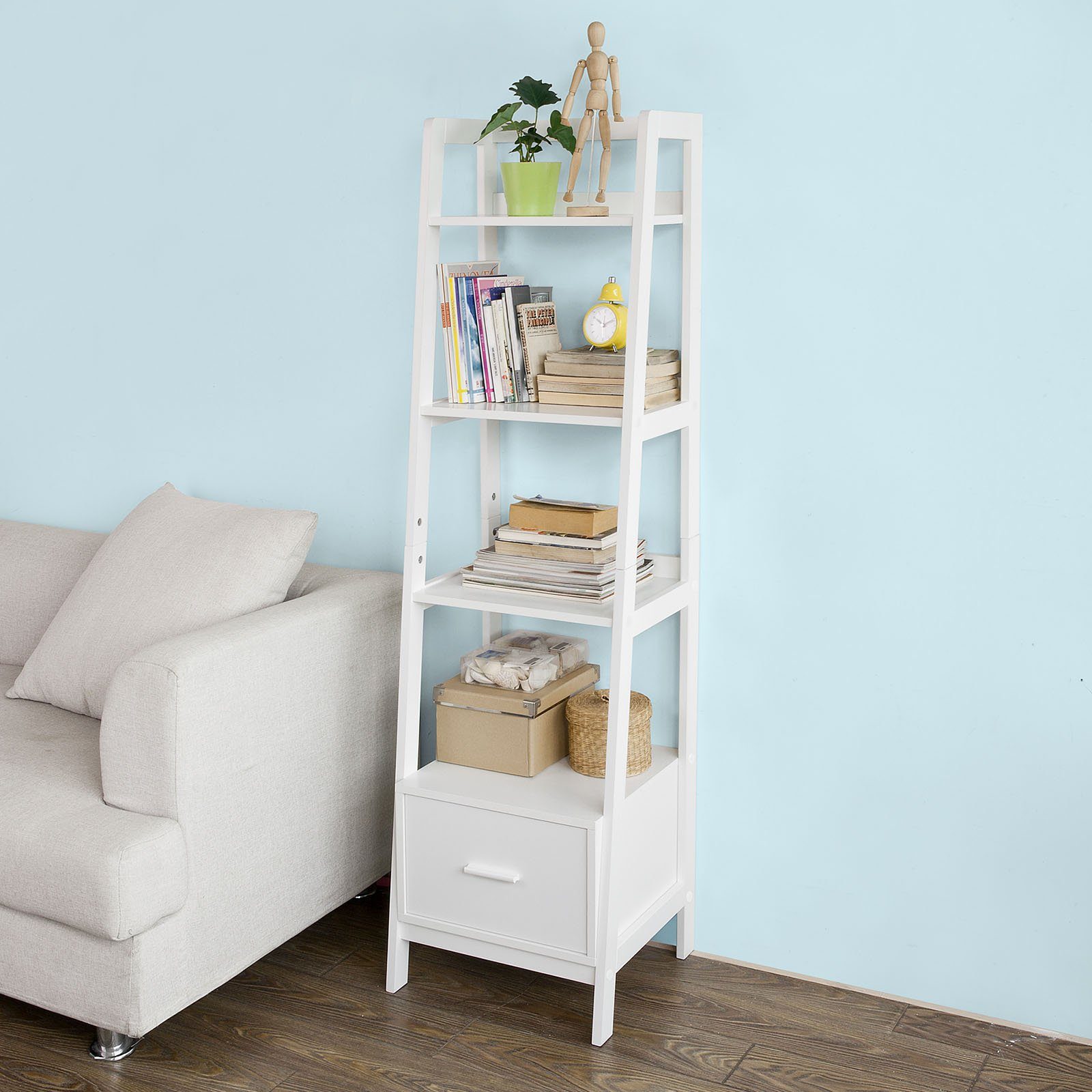SoBuy Leiterregal FRG116, Bücherregal Standregal Badregal mit Ablagen und Schublade in Weiß
