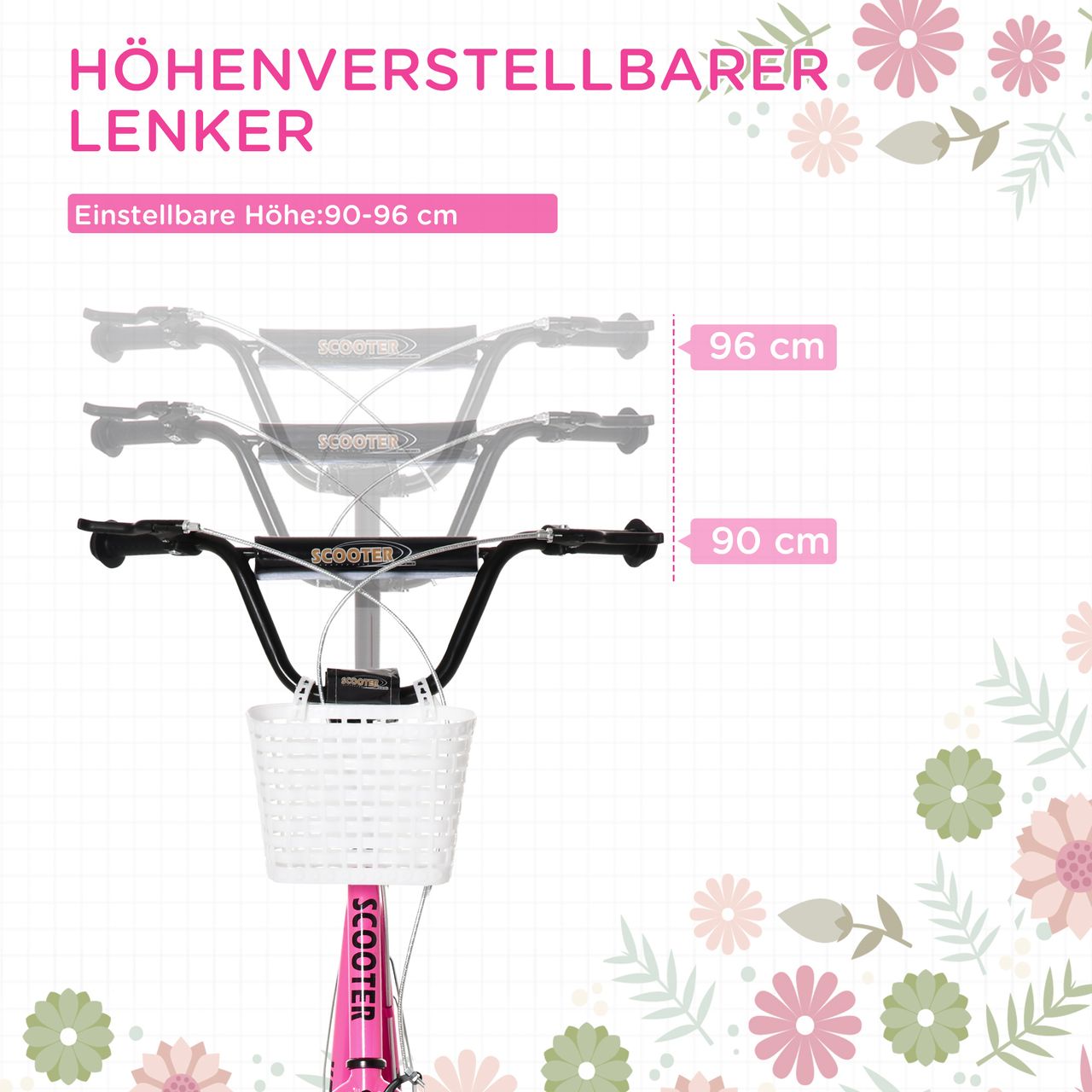 HOMCOM Kinderroller Scooter Tretroller mit Bremse Korb höhenverstellbar für 5-12 Kinder Roller Kickboard Aluminiumlegierung Gummi Rosa Weiß 139 x 58 x 90-96 cm
