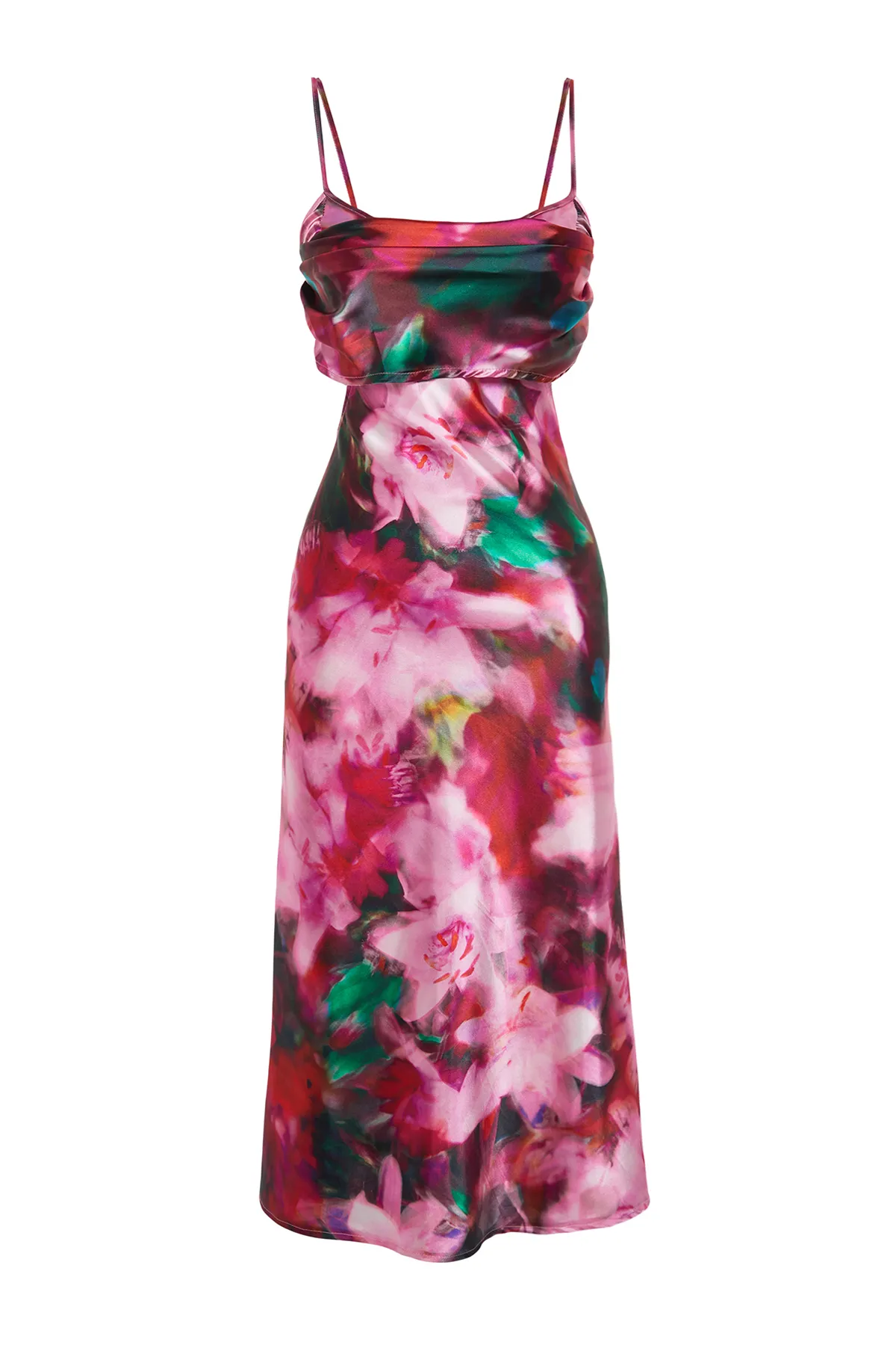 Trendyol Collection  Stilvolles Abendkleid aus gewebtem Satin mit Blumenmuster - Rosa und farbenfroh, TPRSS23EL00305