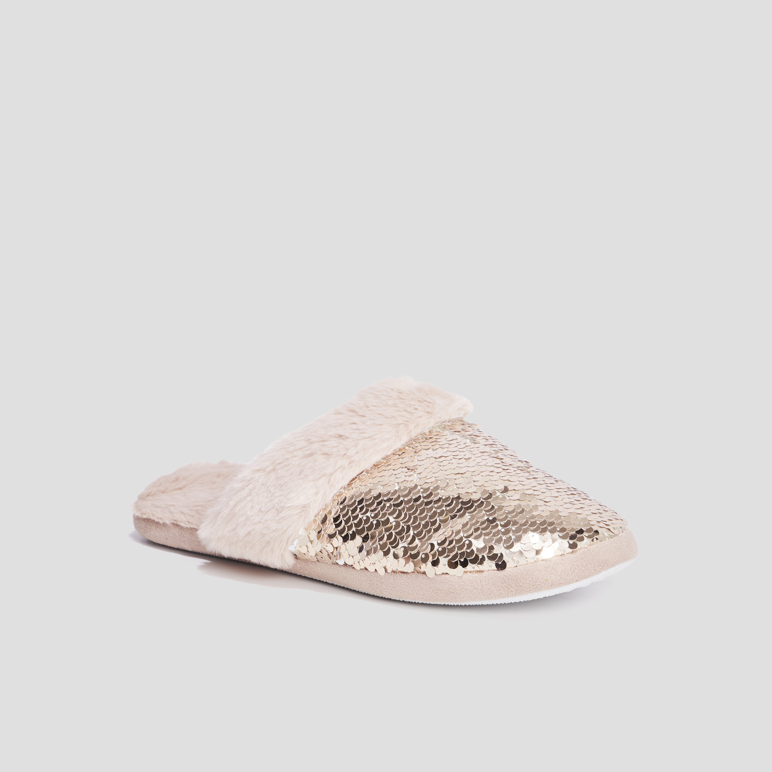 Chaussons mules sequins et fourrure jaune or femme | La Halle